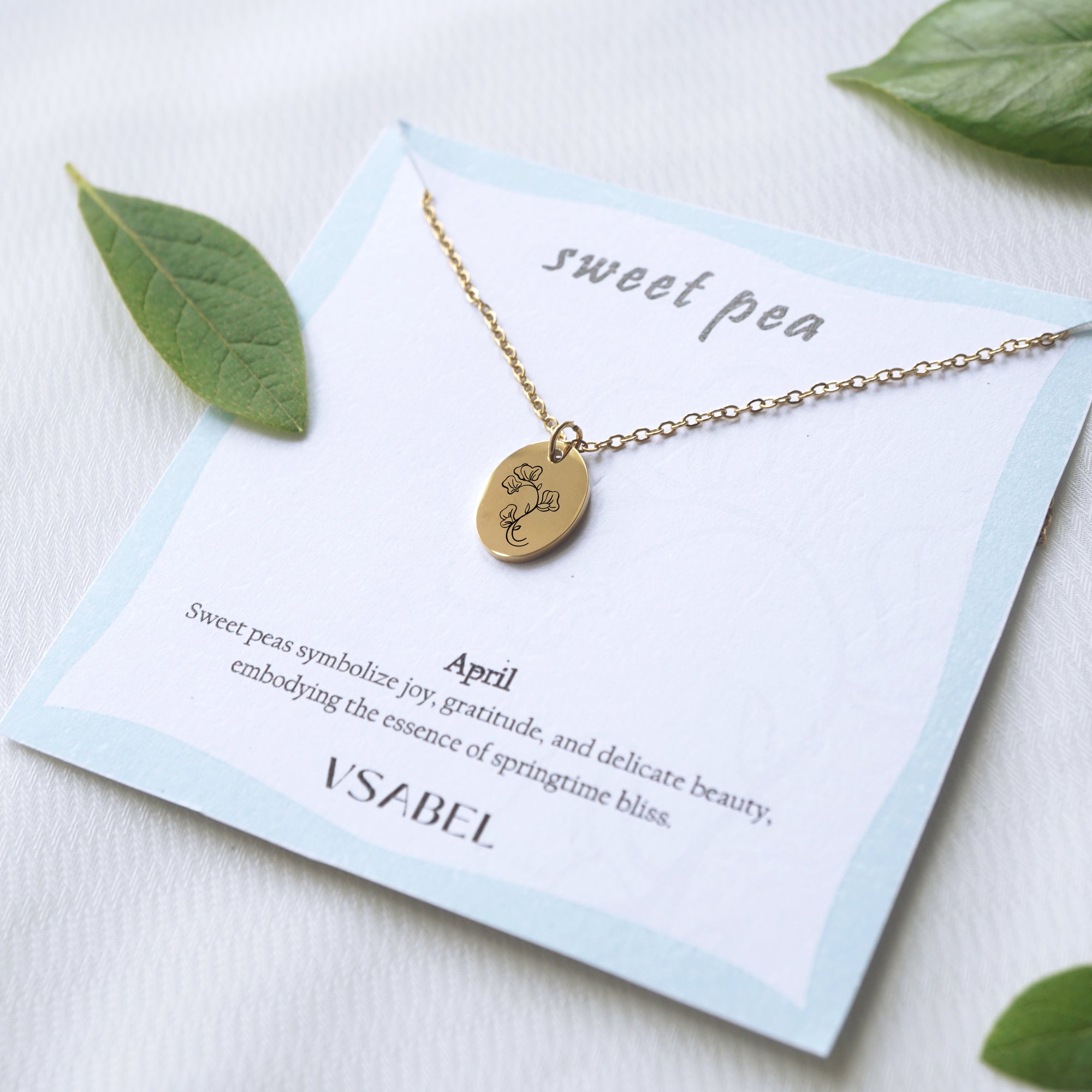 Customized oval tag necklace, engraved birth flower necklace