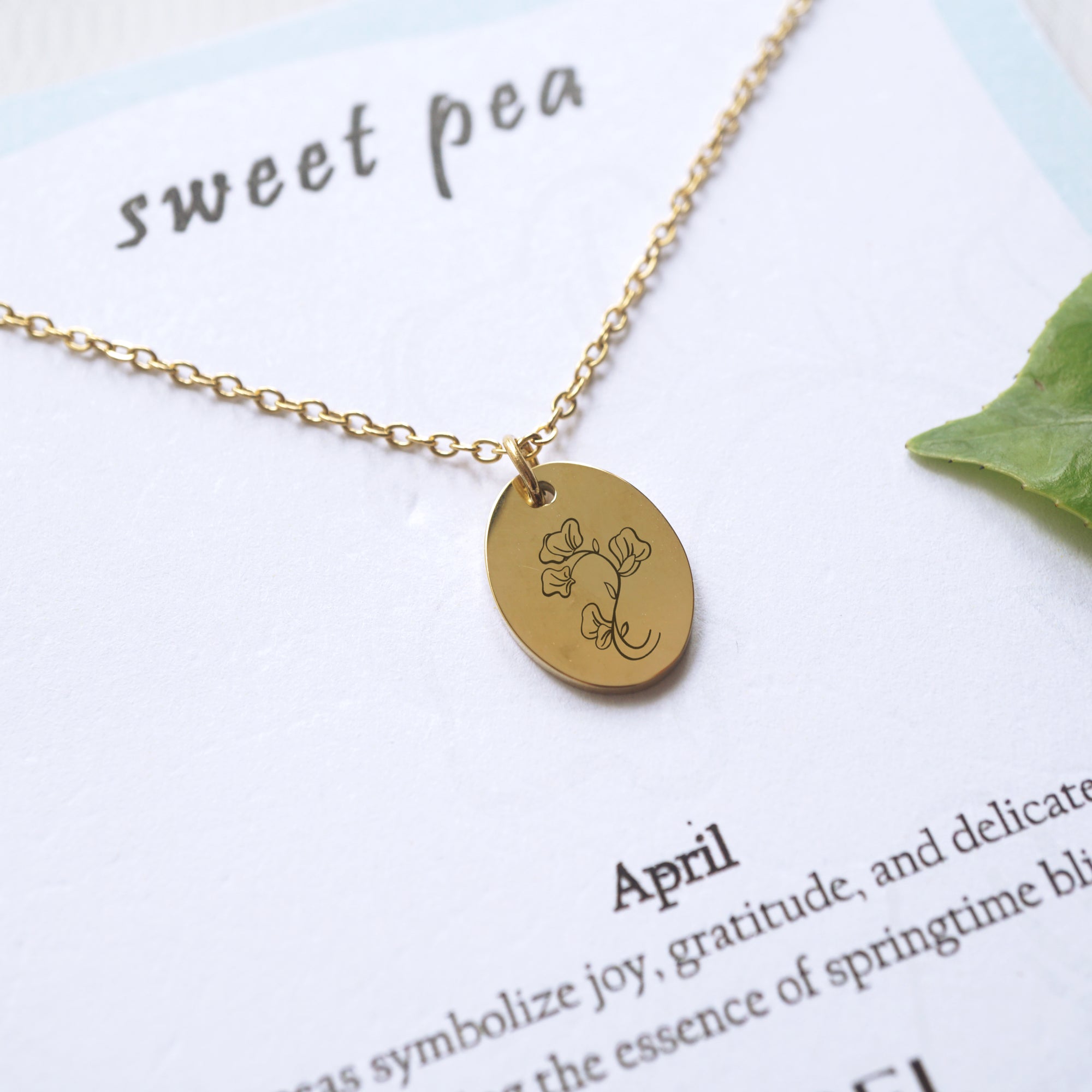 Customized oval tag necklace, engraved birth flower necklace