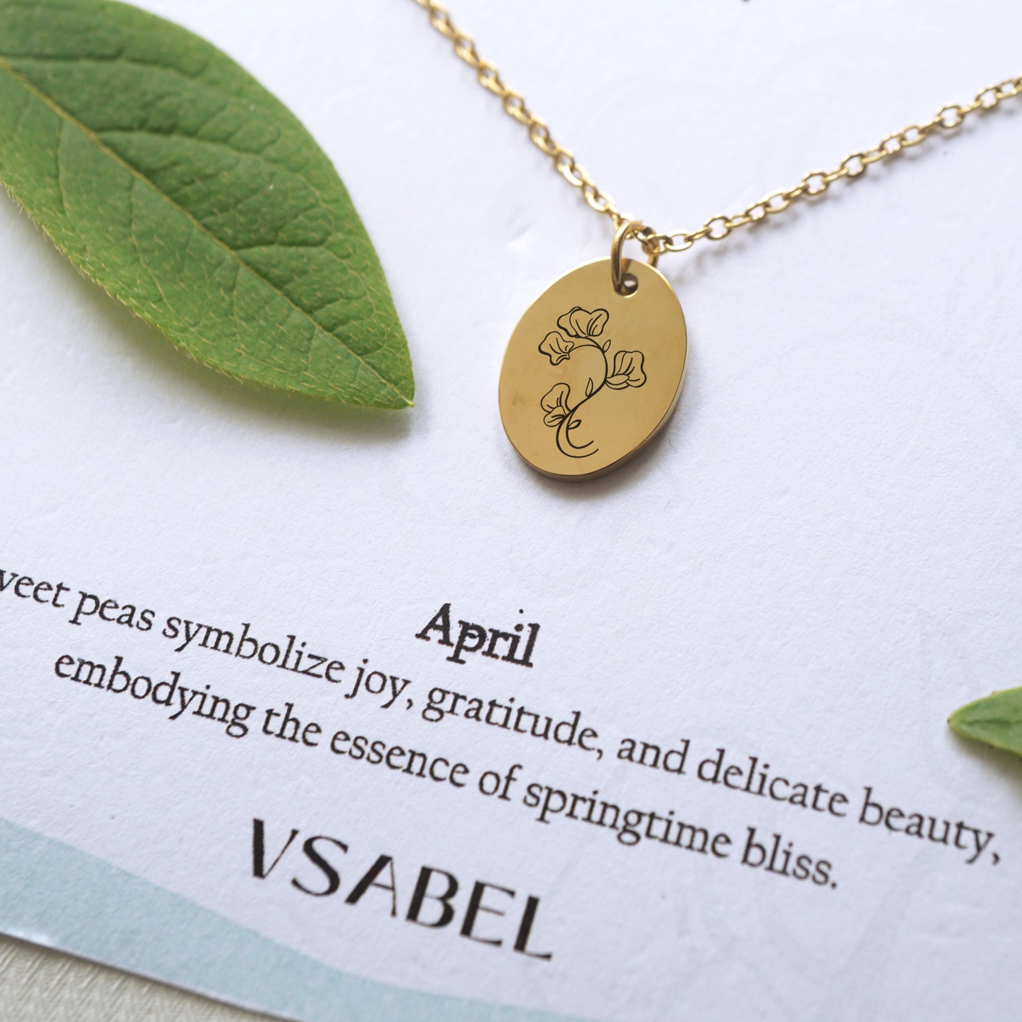 Customized oval tag necklace, engraved birth flower necklace