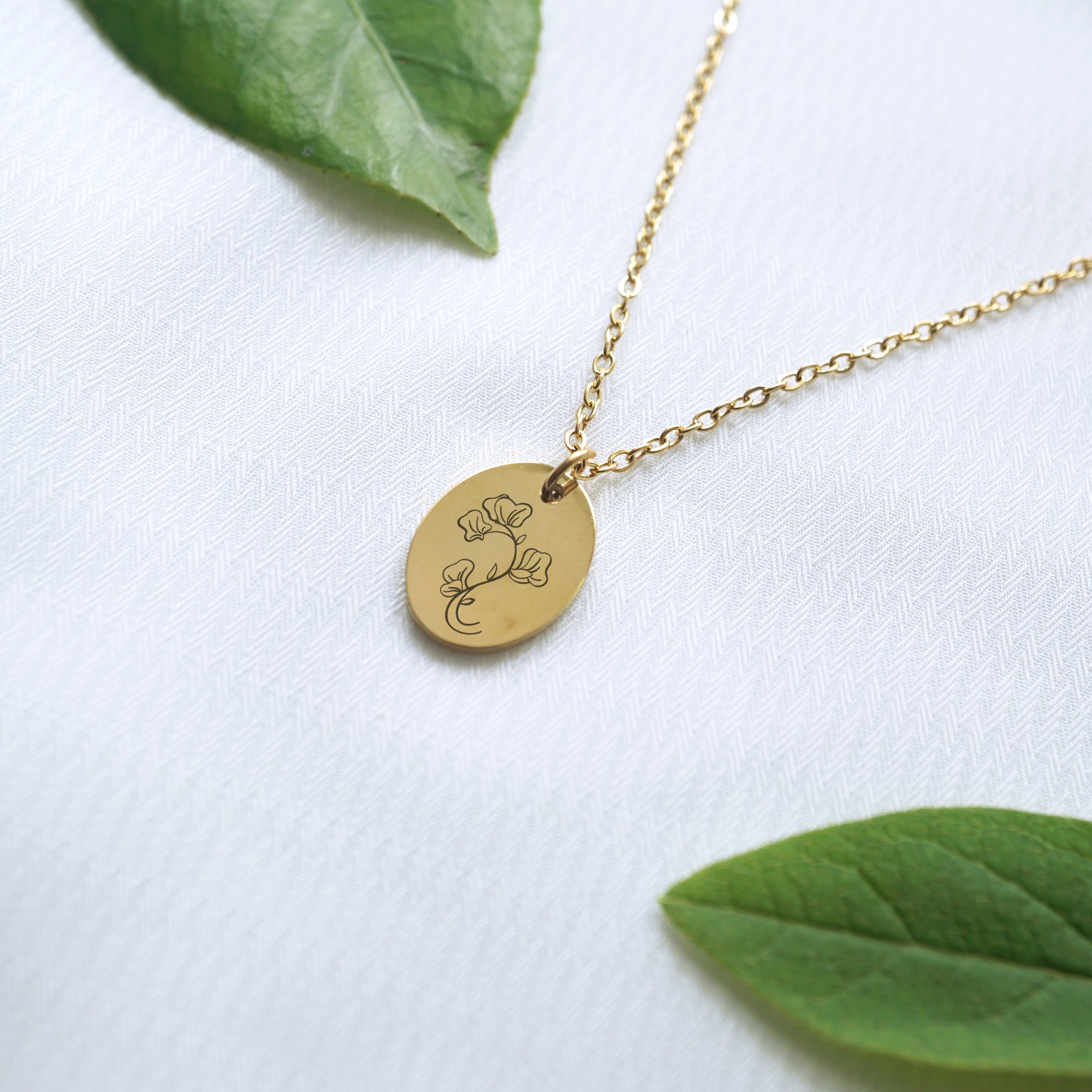 Customized oval tag necklace, engraved birth flower necklace