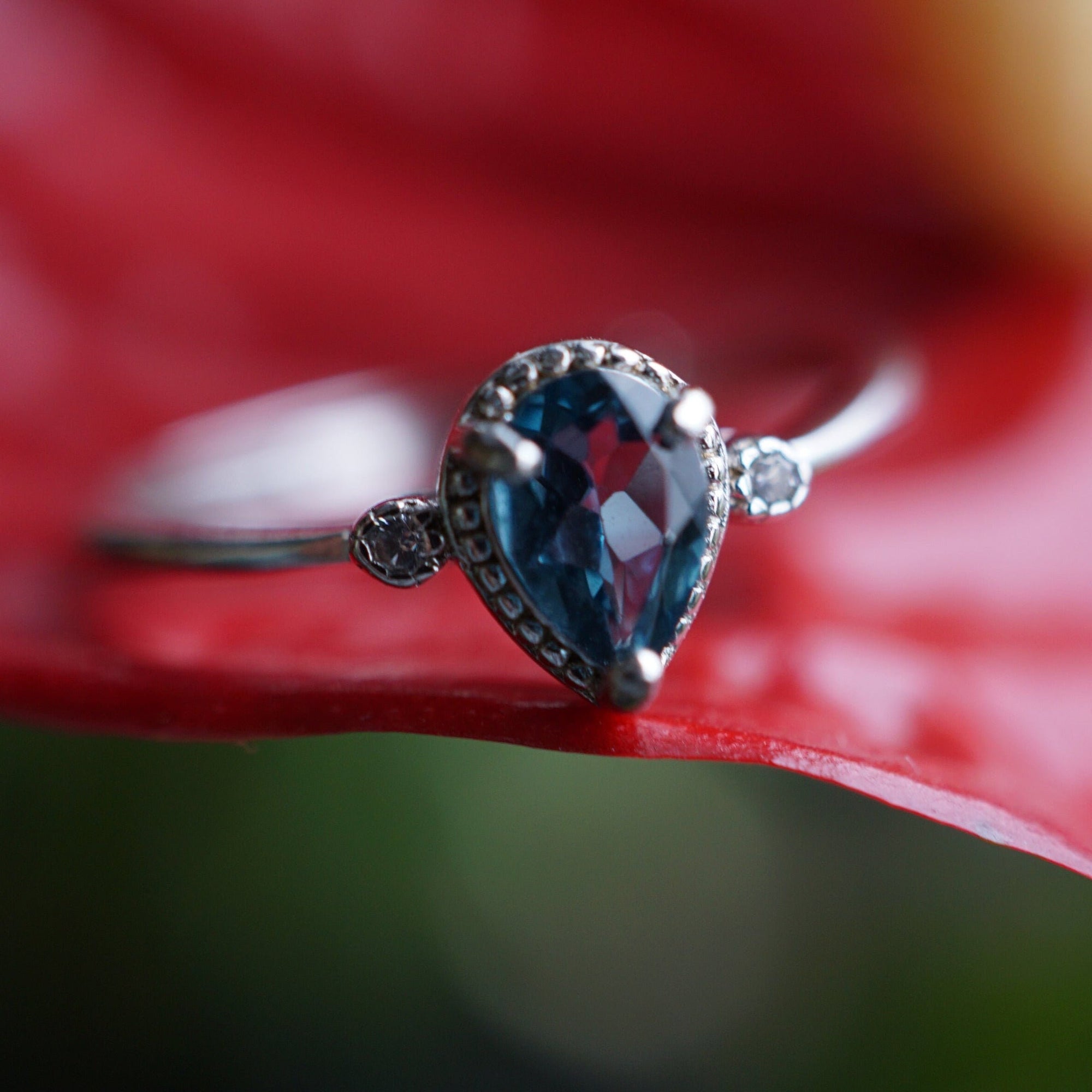 Blue Topaz Ring in 925 Silver, Dainty Gemstone with CZ Accents