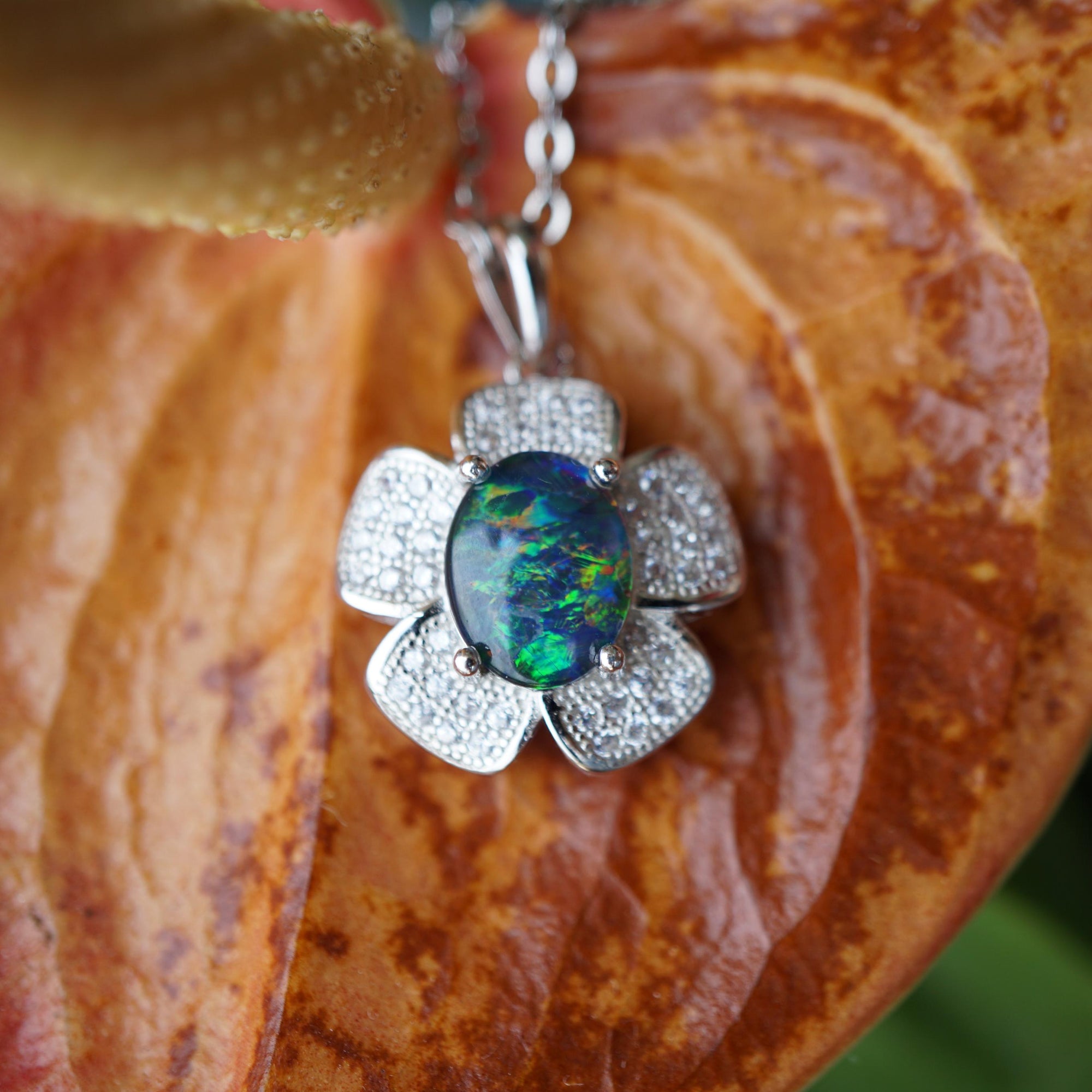 Flower Australian Opal Necklace Sterling Silver
