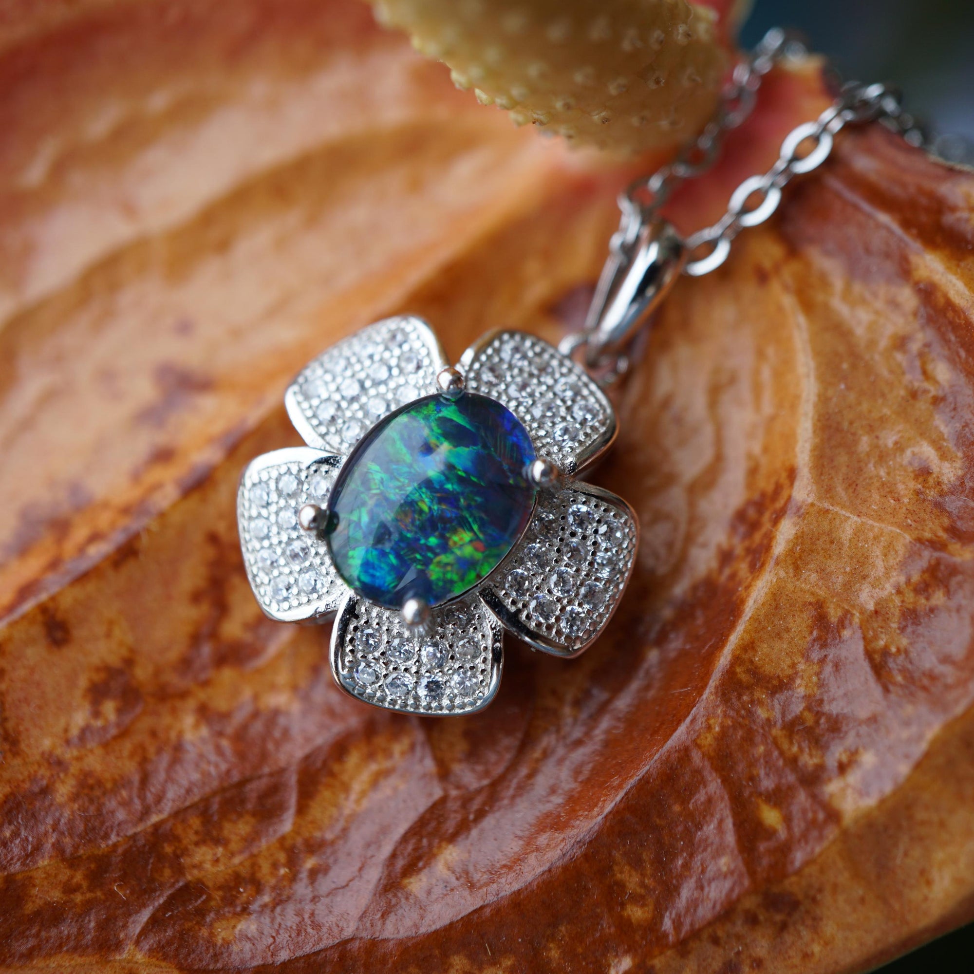 Flower Australian Opal Necklace Sterling Silver