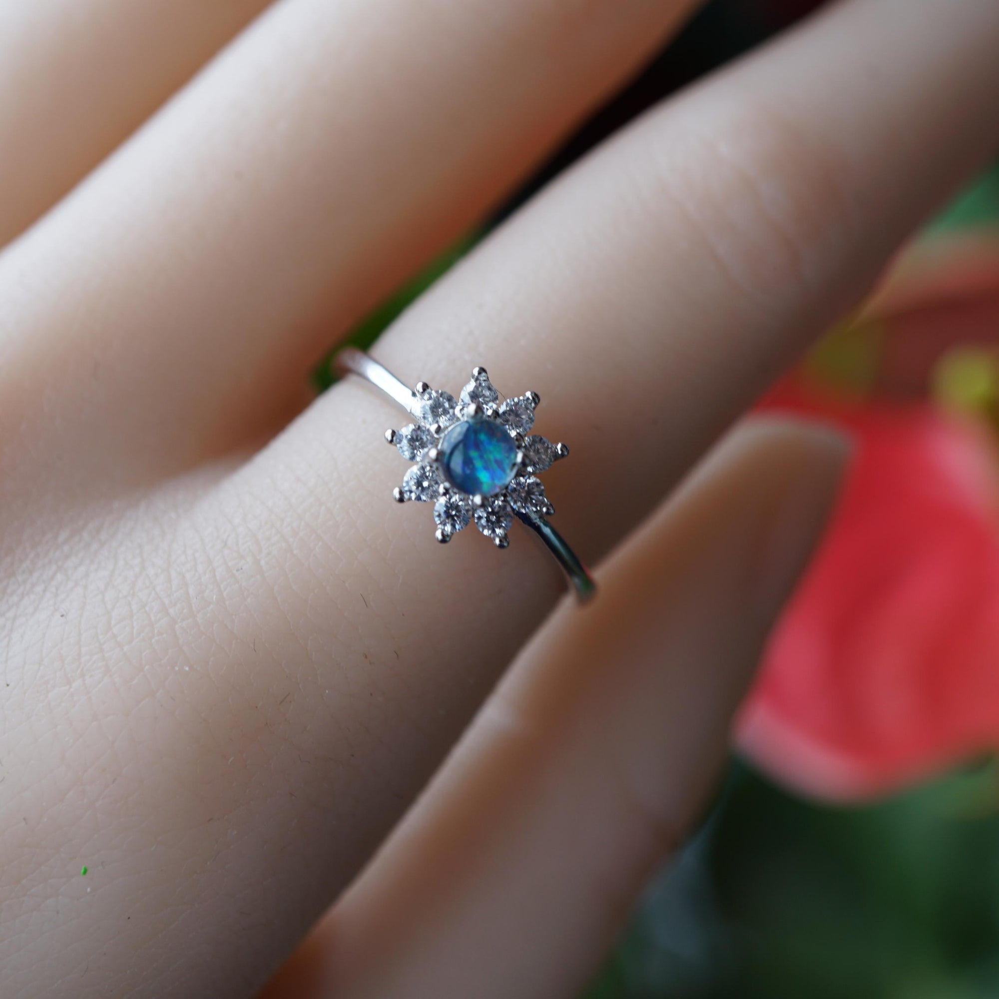 Dainty Flower Australian Opal Ring, Elegant Handmade Jewelry