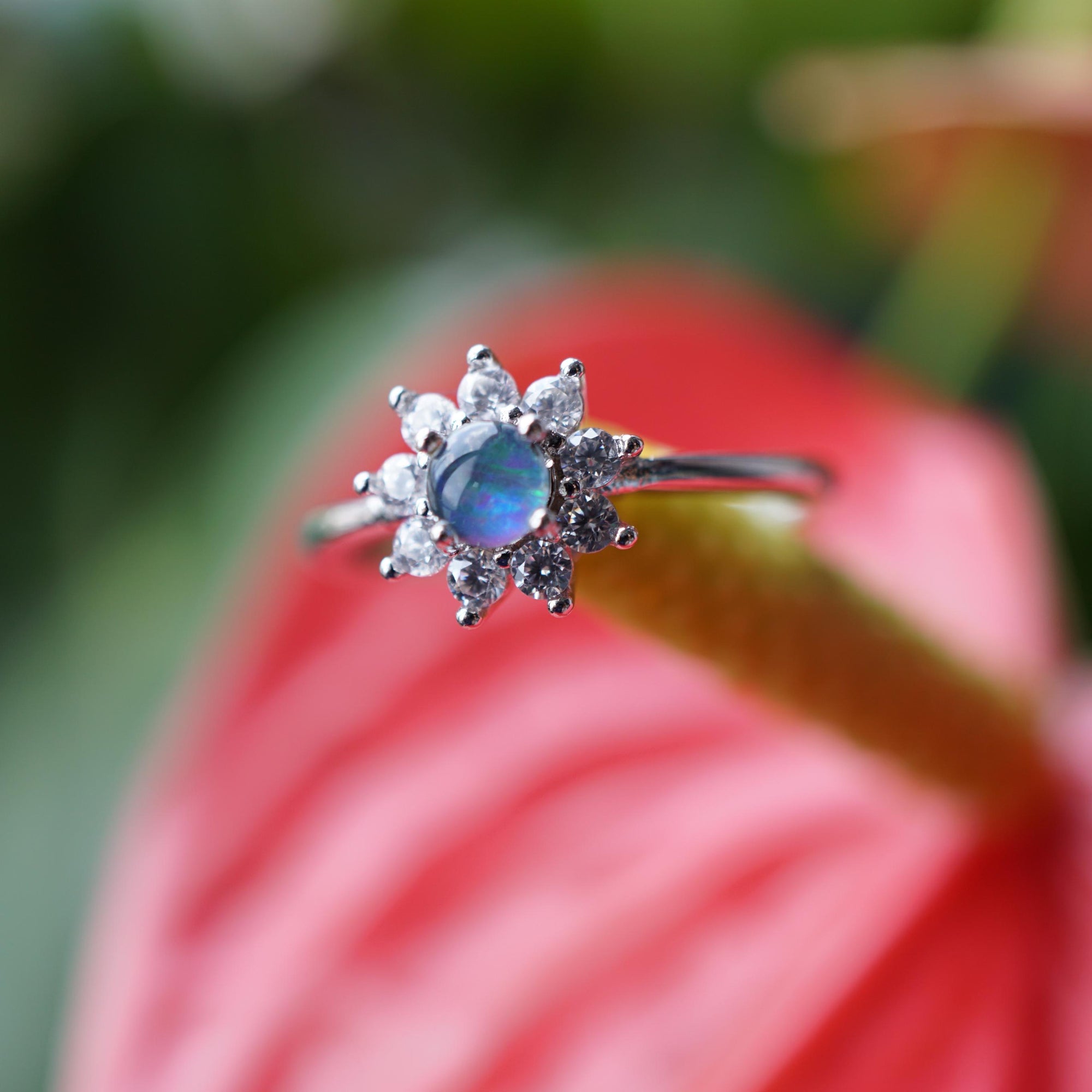 Dainty Flower Australian Opal Ring, Elegant Handmade Jewelry