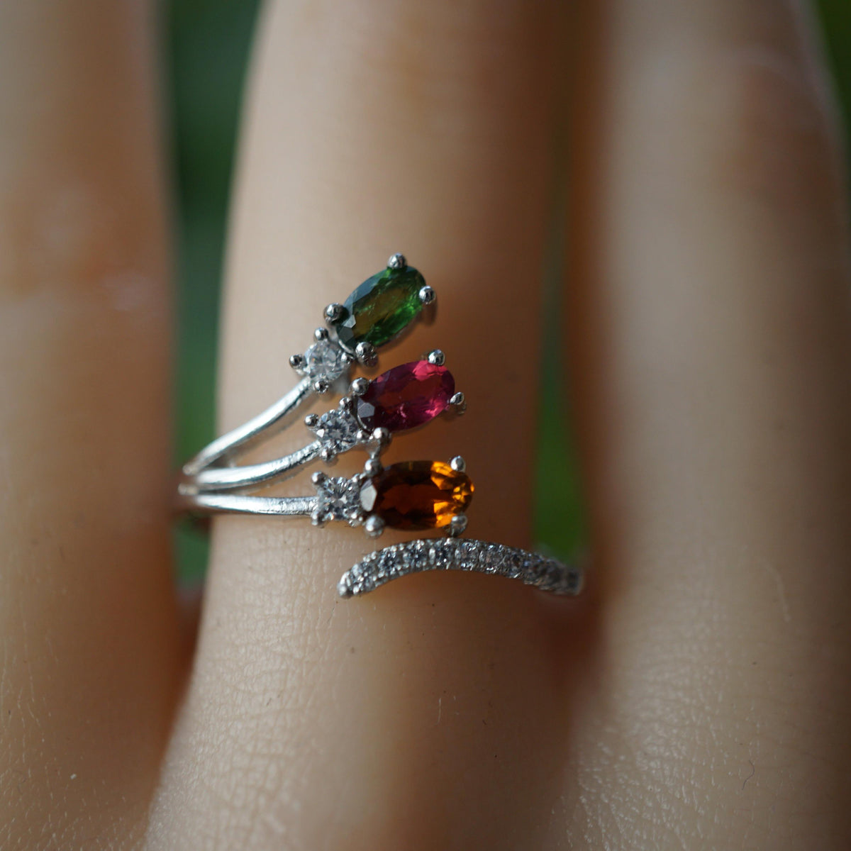 Triple Stone Tourmaline Ring, Dainty Gemstone Stacking Jewelry