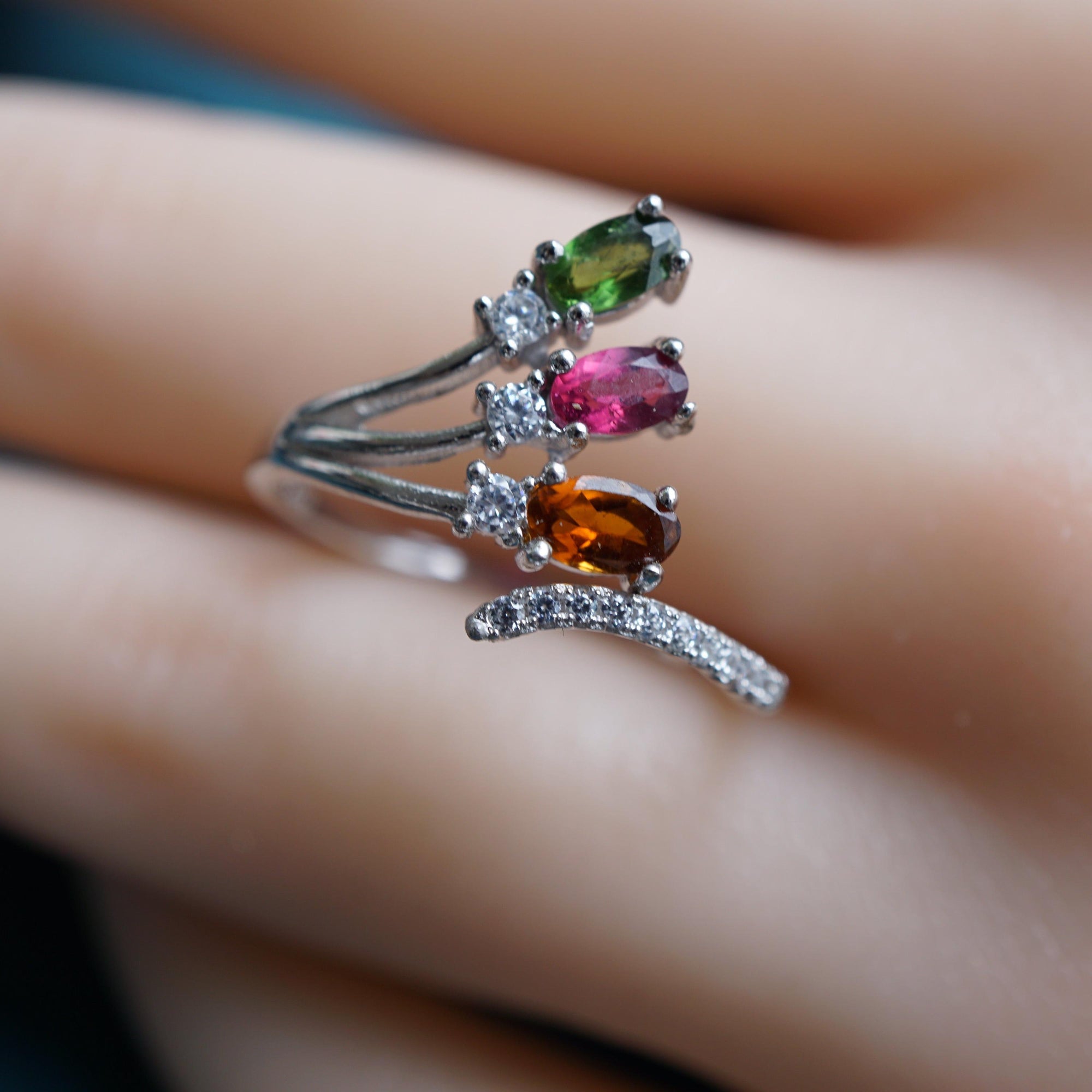 Triple Stone Tourmaline Ring, Dainty Gemstone Stacking Jewelry
