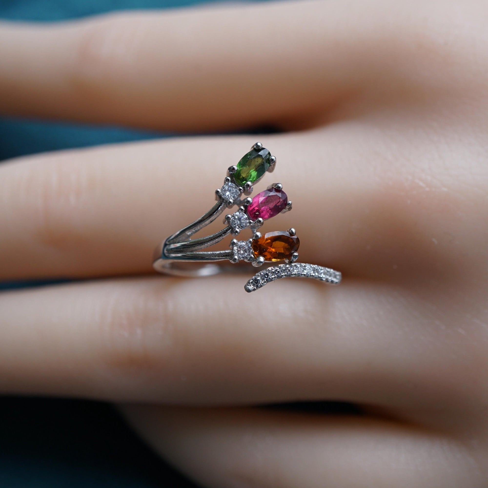Triple Stone Tourmaline Ring, Dainty Gemstone Stacking Jewelry