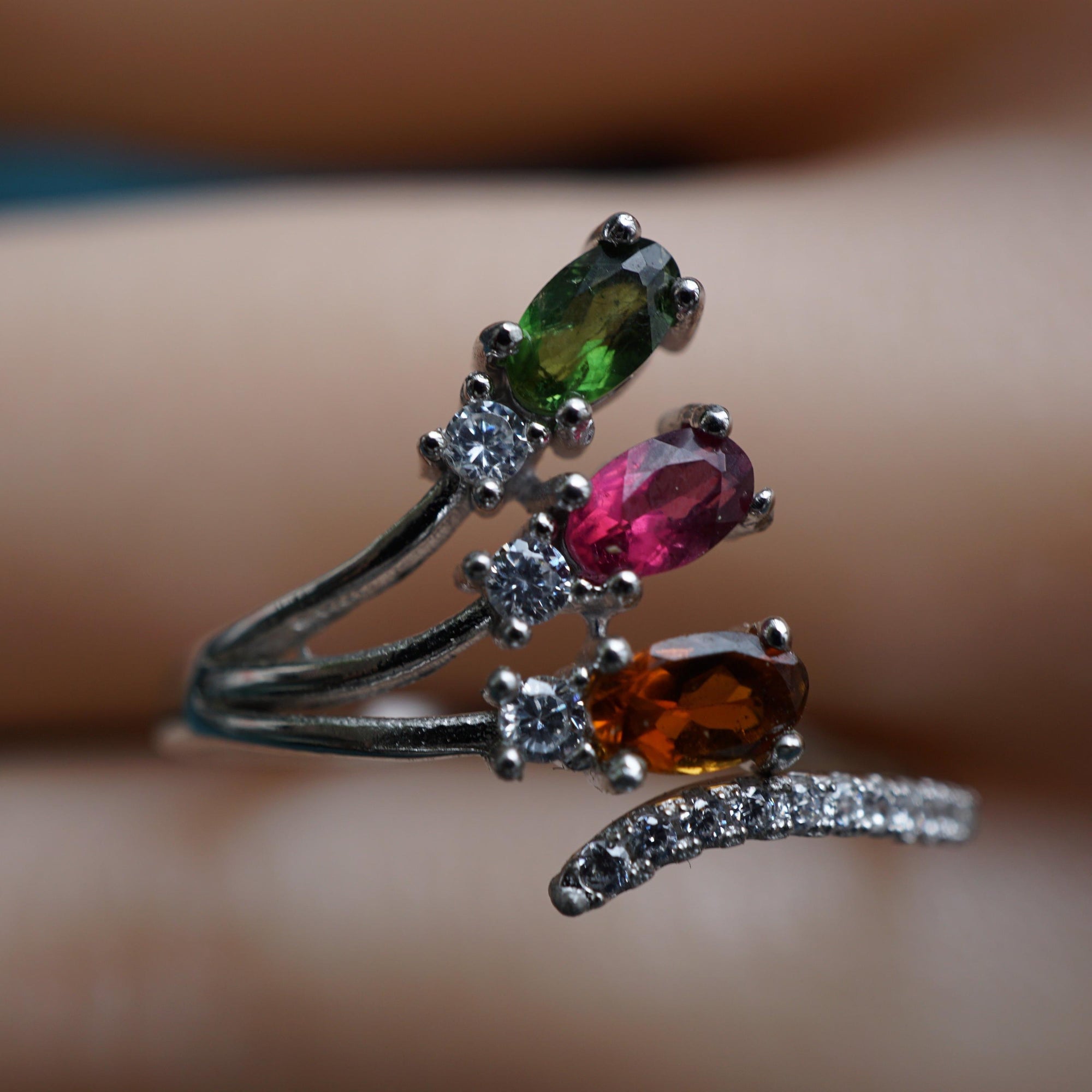 Triple Stone Tourmaline Ring, Dainty Gemstone Stacking Jewelry