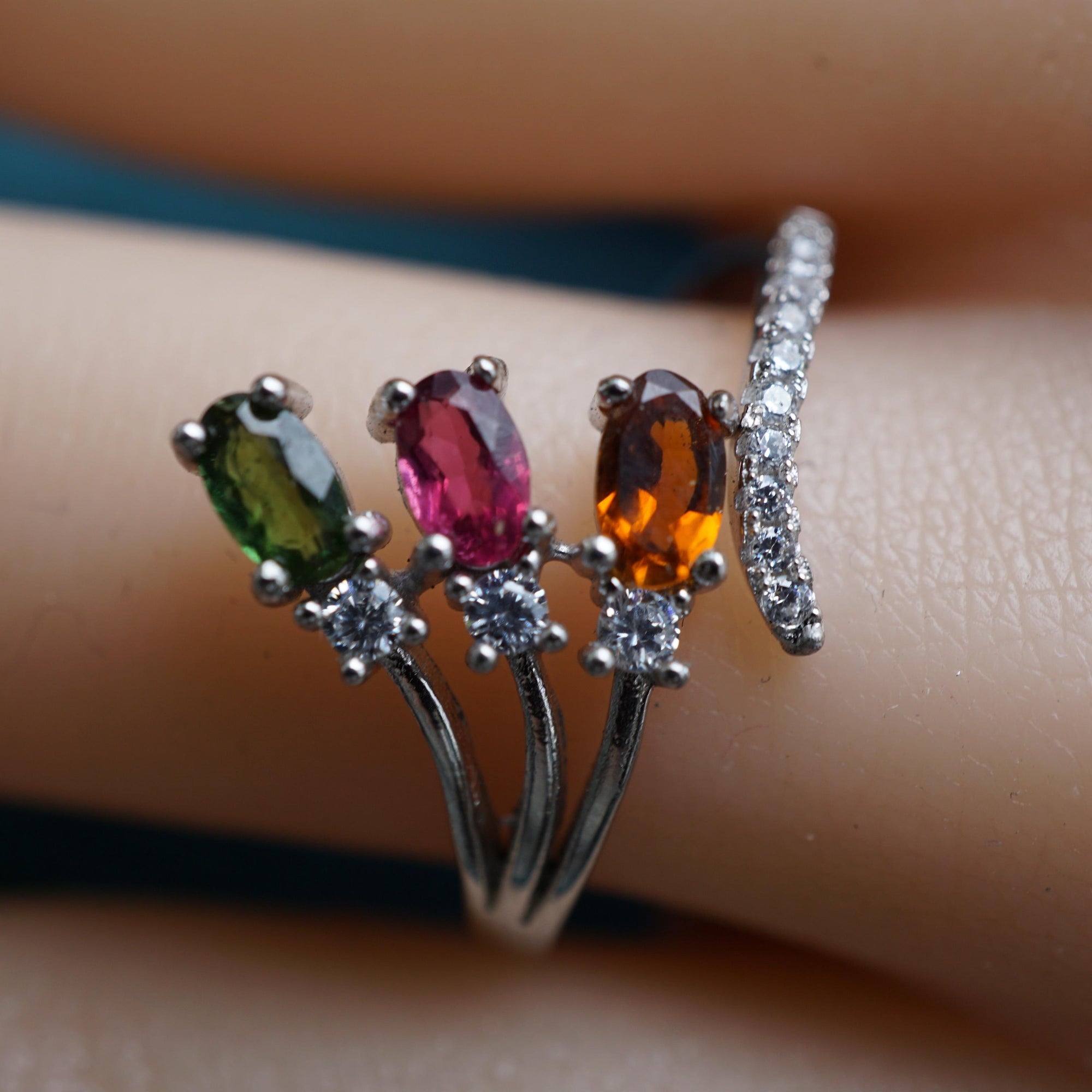 Triple Stone Tourmaline Ring, Dainty Gemstone Stacking Jewelry