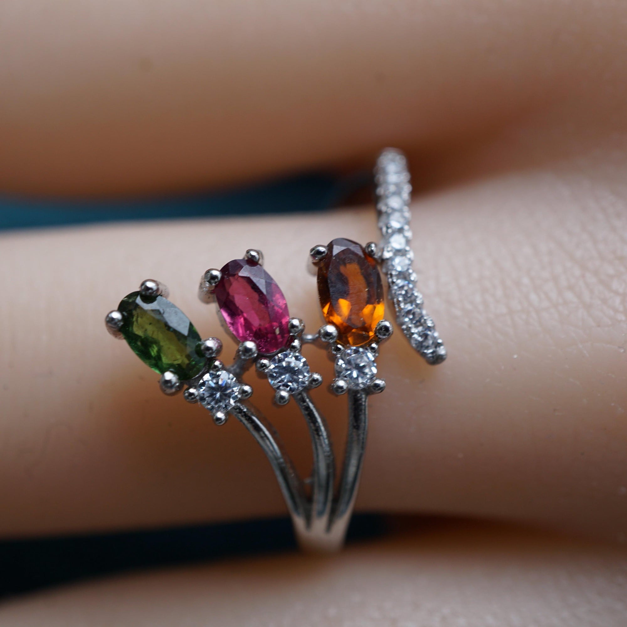Triple Stone Tourmaline Ring, Dainty Gemstone Stacking Jewelry