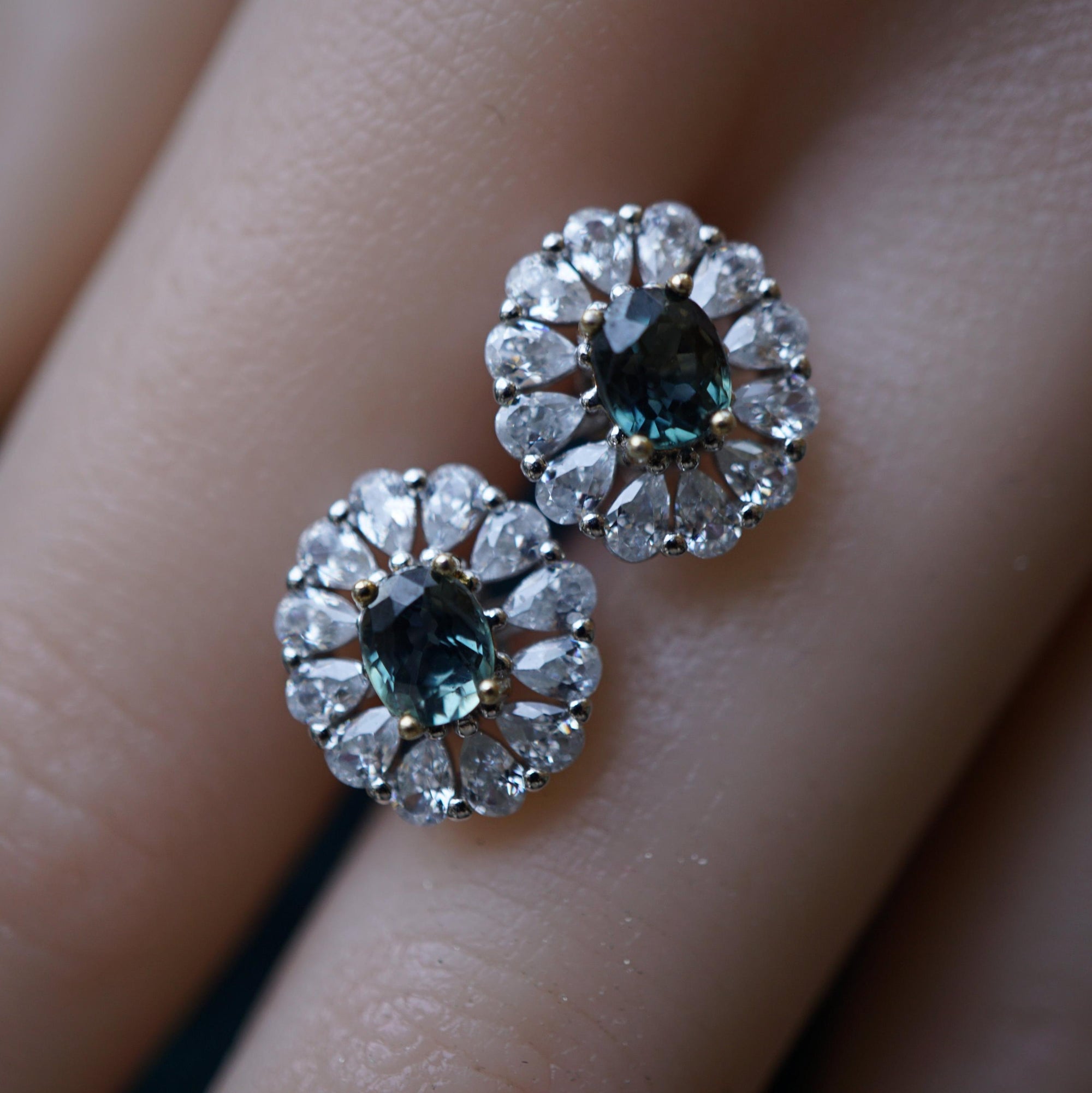 Blue Sapphire Halo Stud Earrings in Sterling Silver