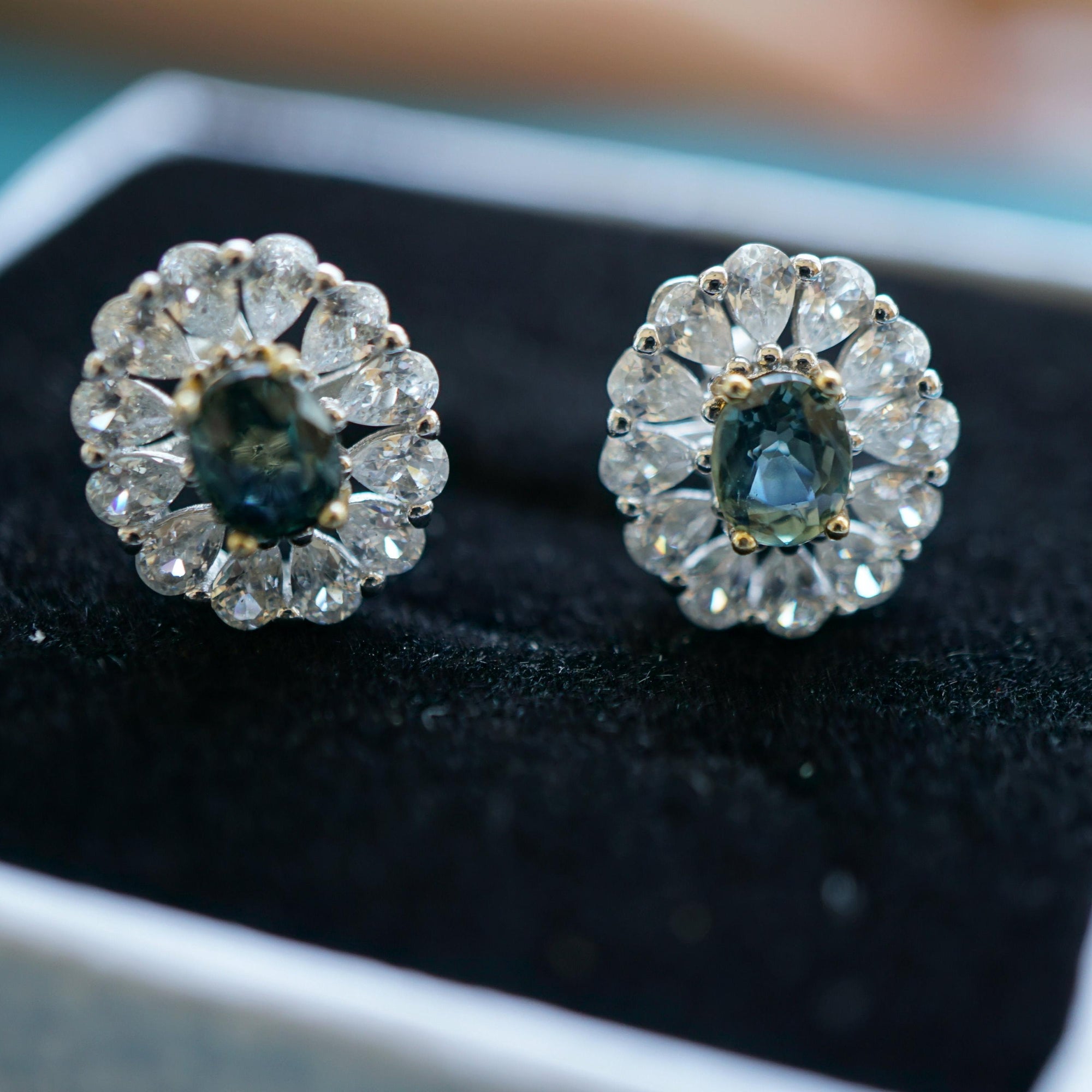 Blue Sapphire Halo Stud Earrings in Sterling Silver