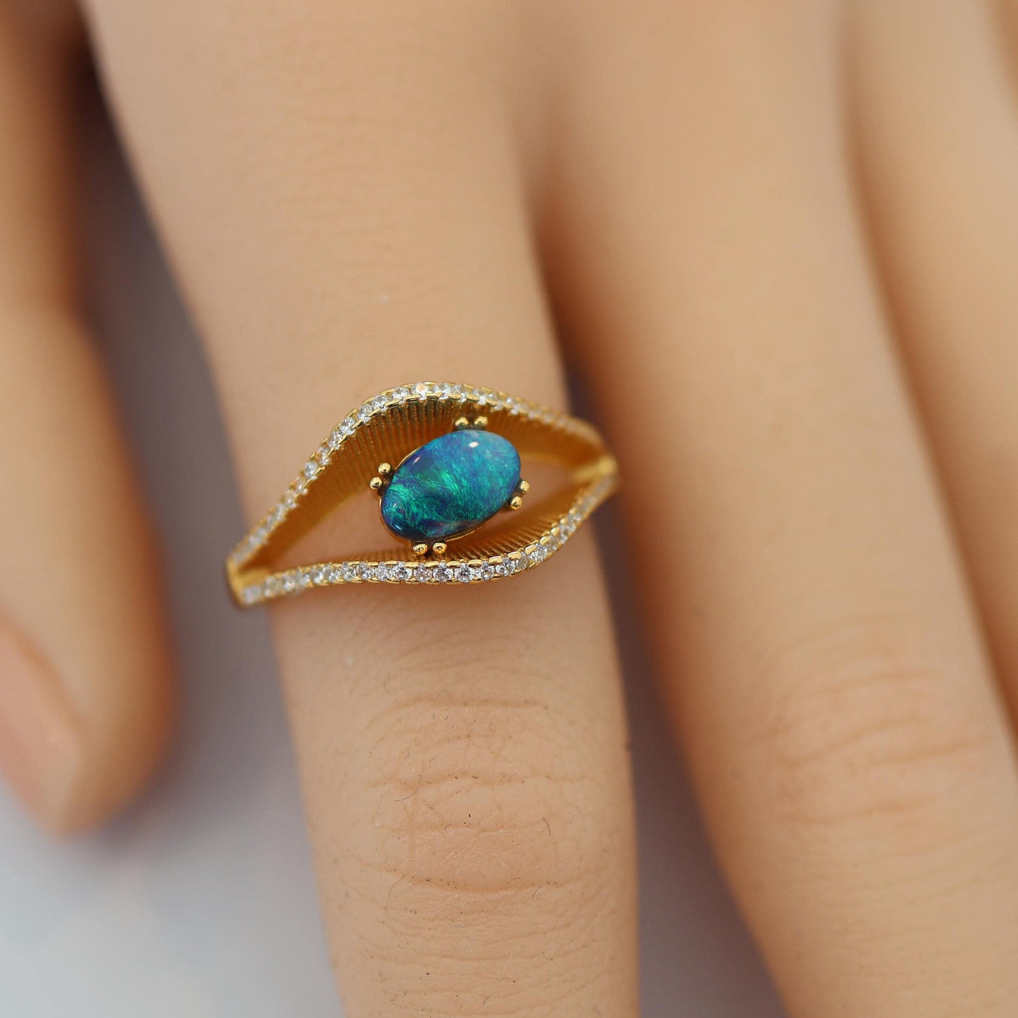 Blue Ocean Australian Black Opal Ring In 925 Sterling Silver With Cubic Zirconias