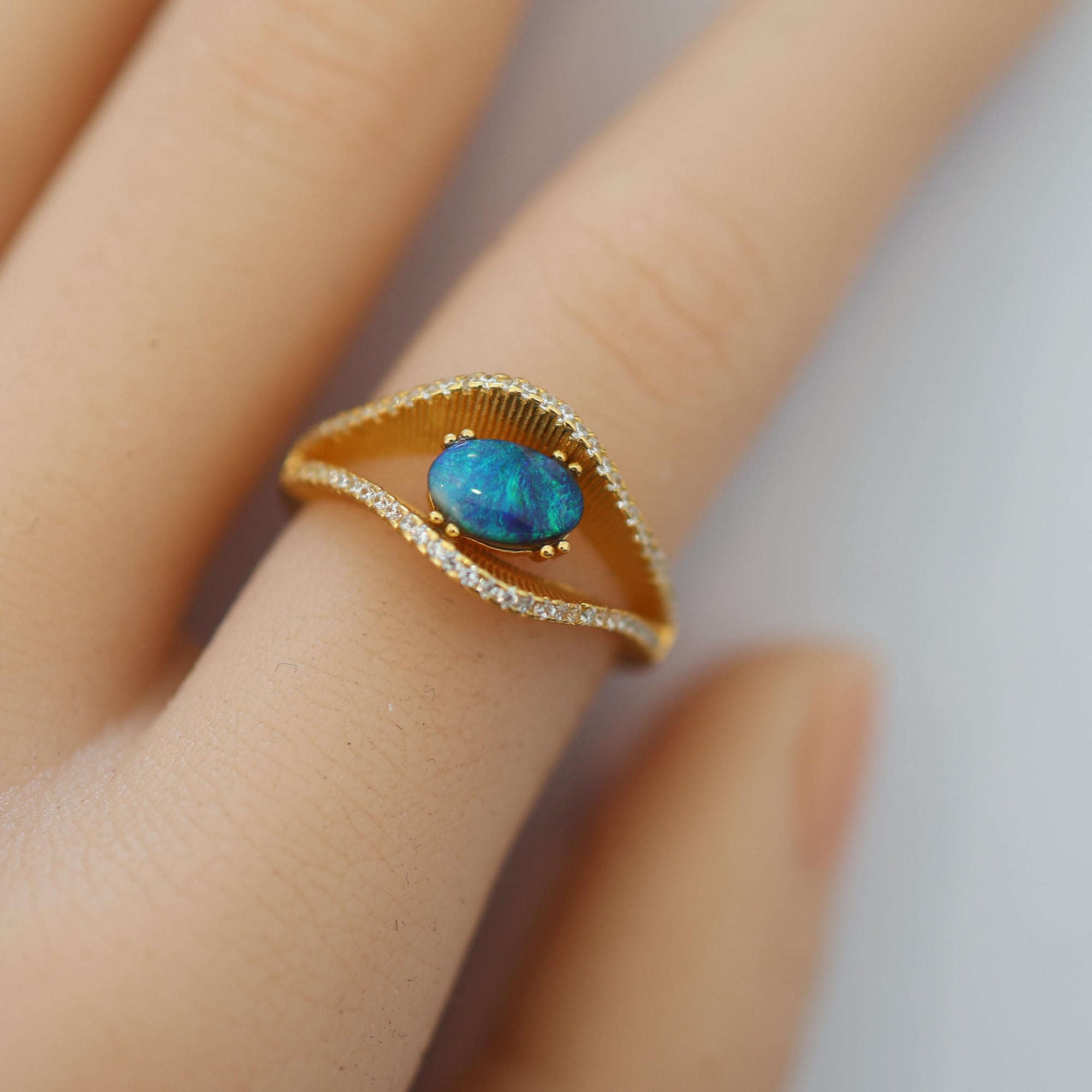 Blue Ocean Australian Black Opal Ring In 925 Sterling Silver With Cubic Zirconias
