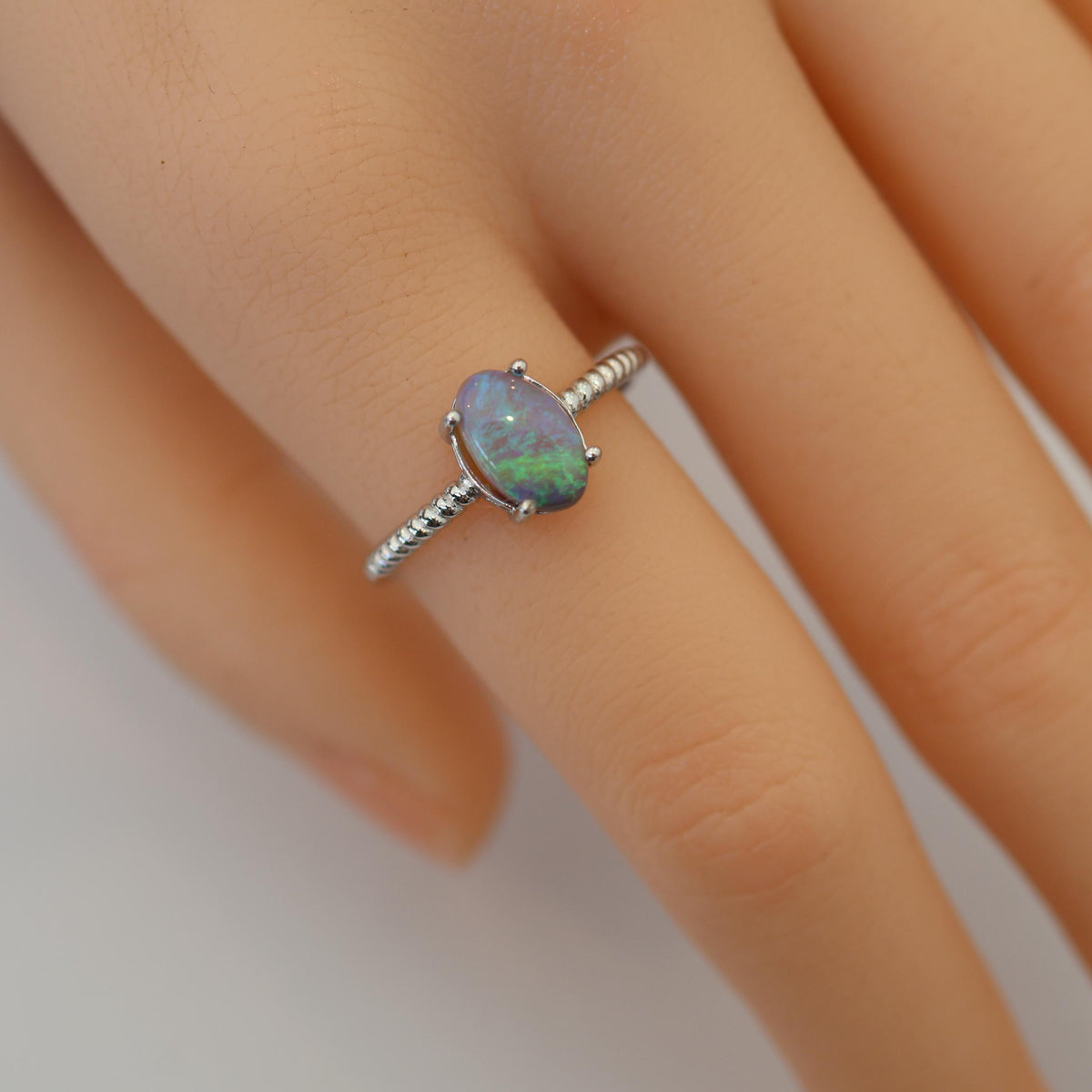 Minimalist Australian Black Opal Ring In 925 Sterling Silver