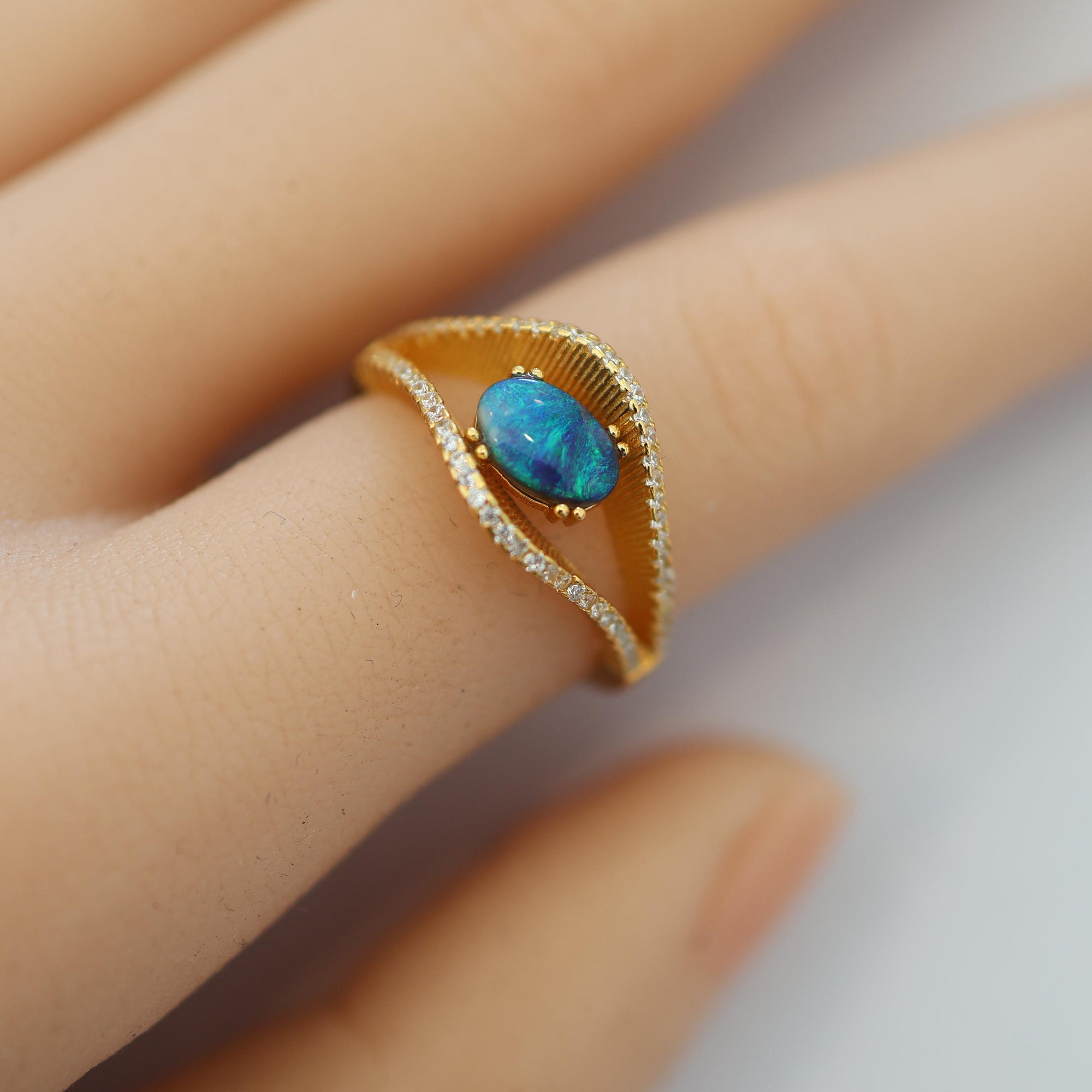 Blue Ocean Australian Black Opal Ring In 925 Sterling Silver With Cubic Zirconias