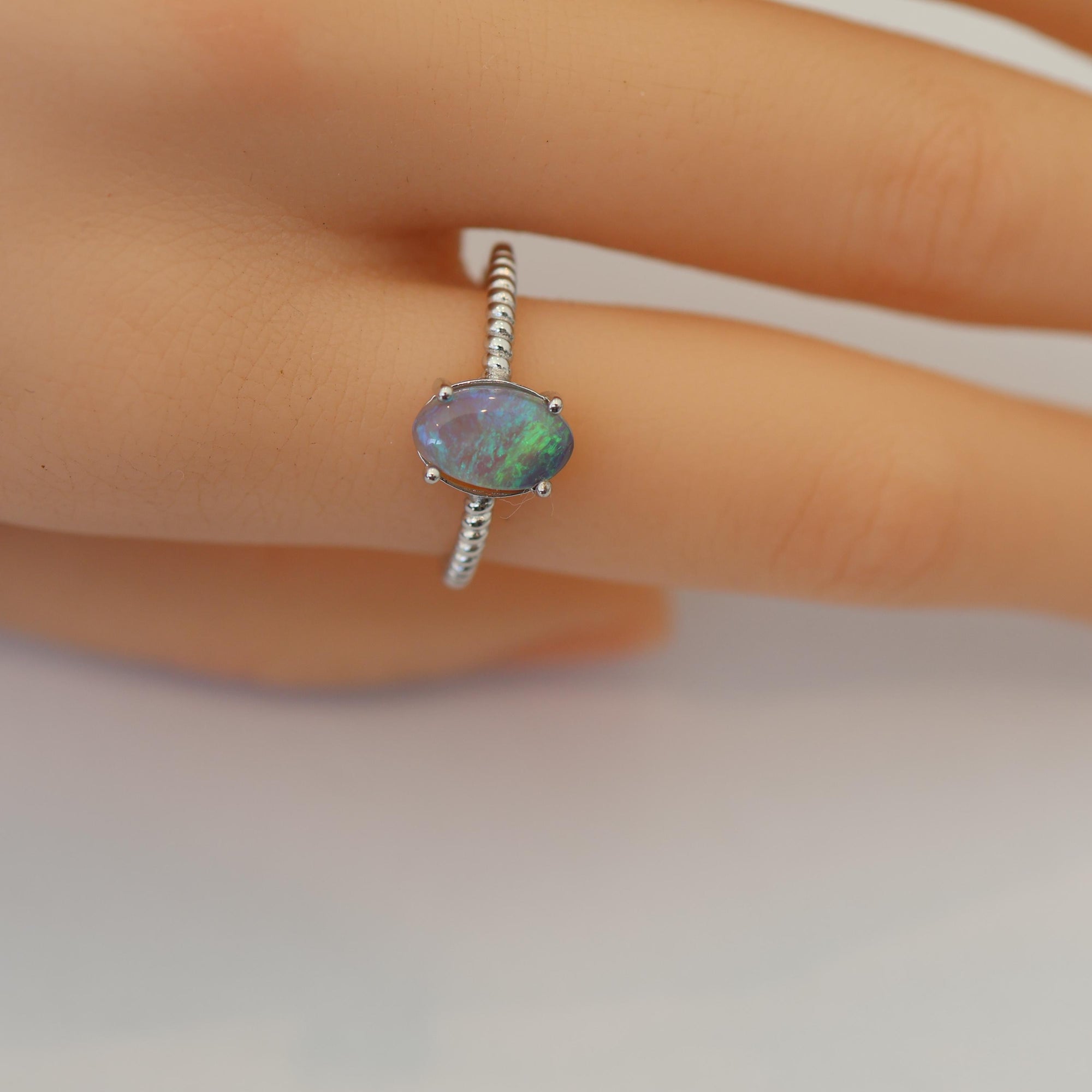Minimalist Australian Black Opal Ring In 925 Sterling Silver