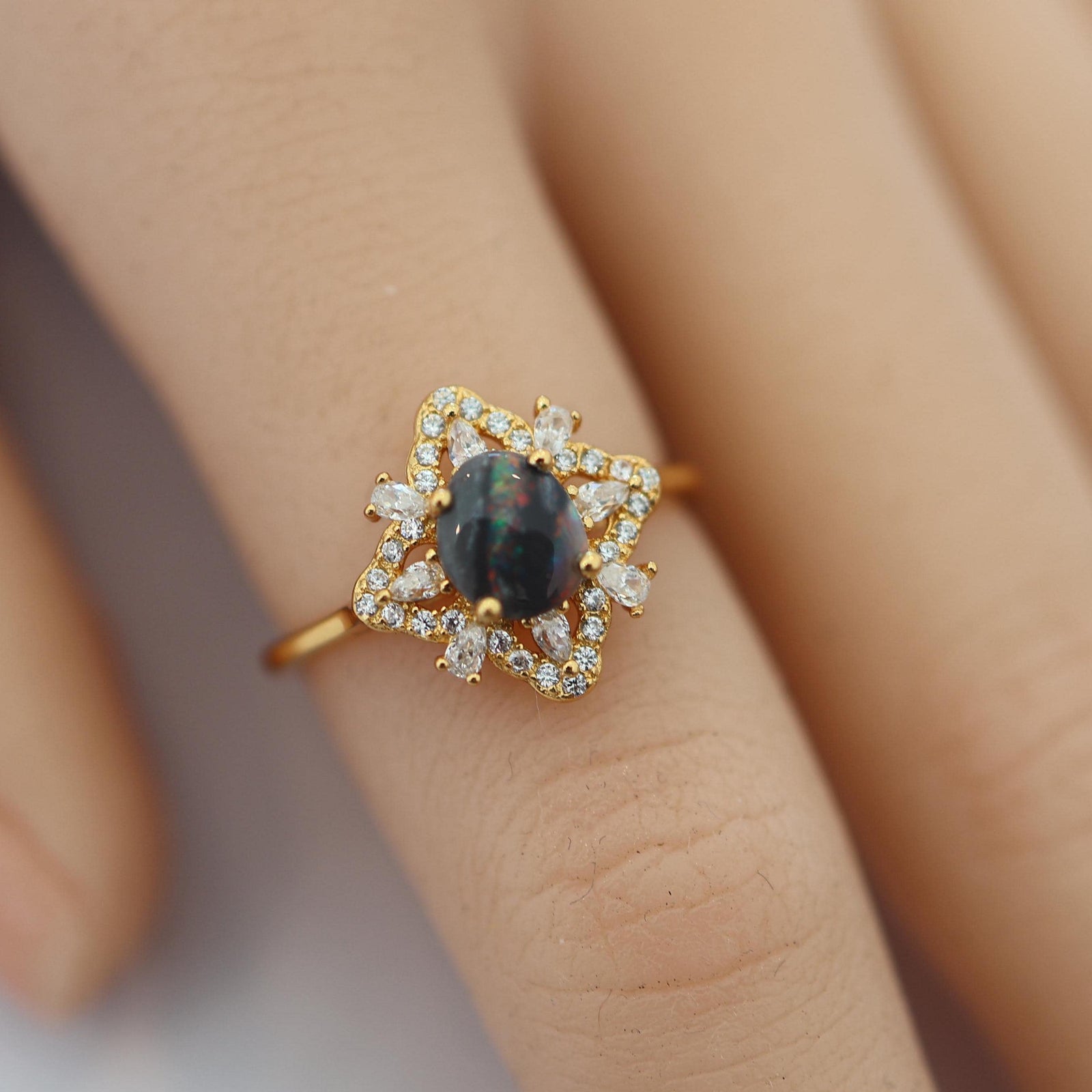 Rainbow River Australian Black Opal Ring 925 Sterling Silver With Cubic Zirconias