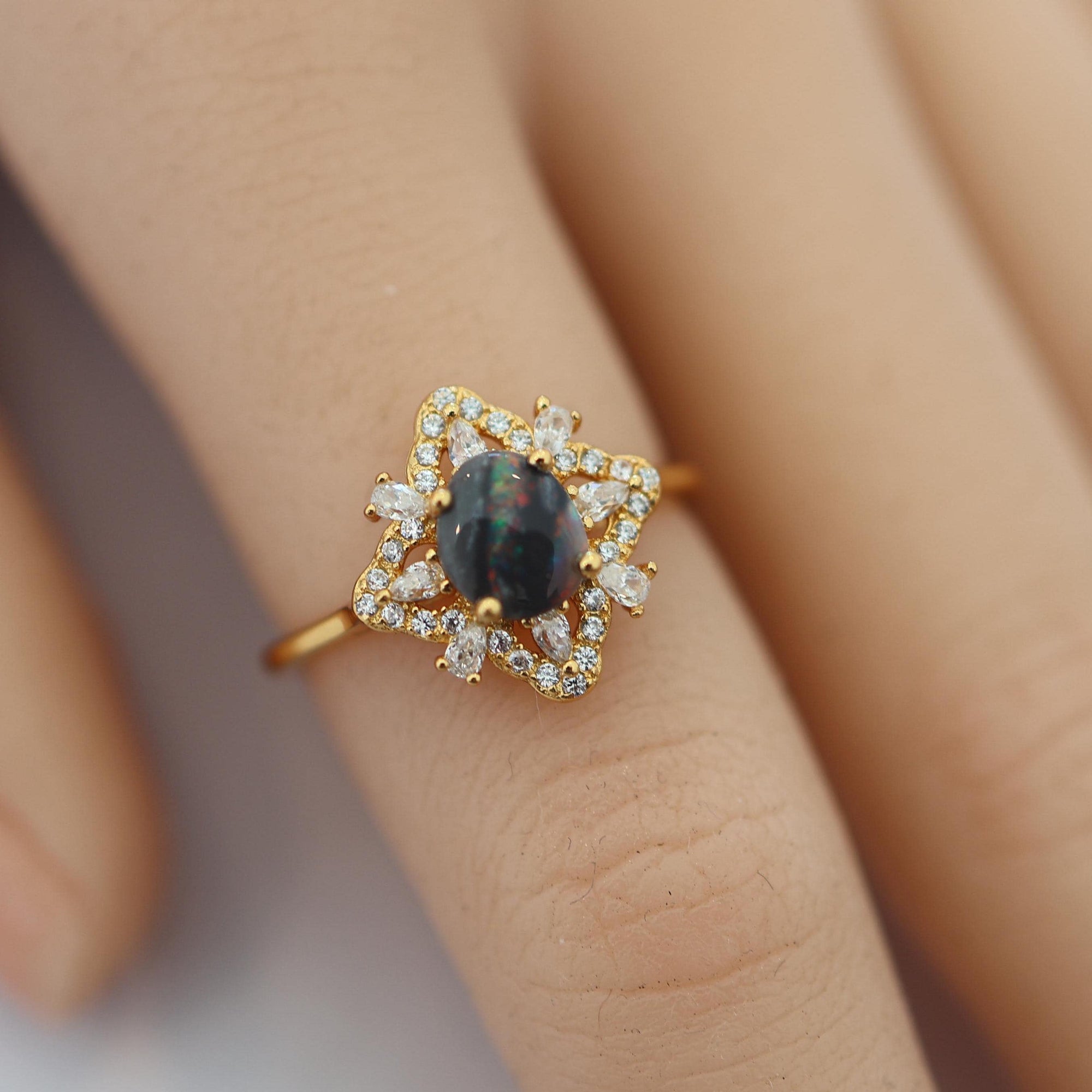 Rainbow River Australian Black Opal Ring 925 Sterling Silver With Cubic Zirconias