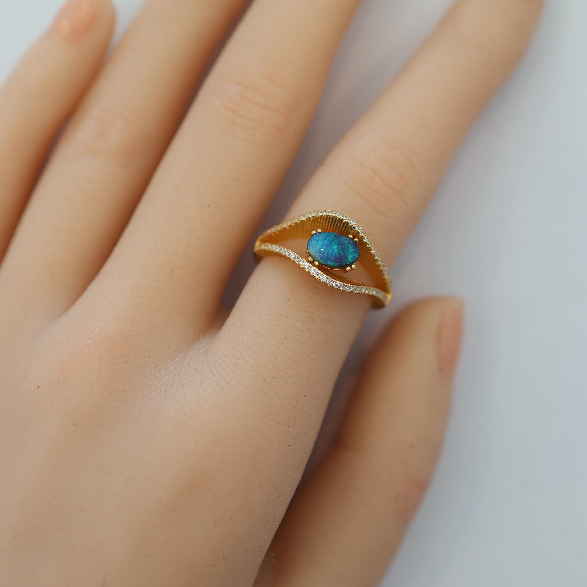 Blue Ocean Australian Black Opal Ring In 925 Sterling Silver With Cubic Zirconias