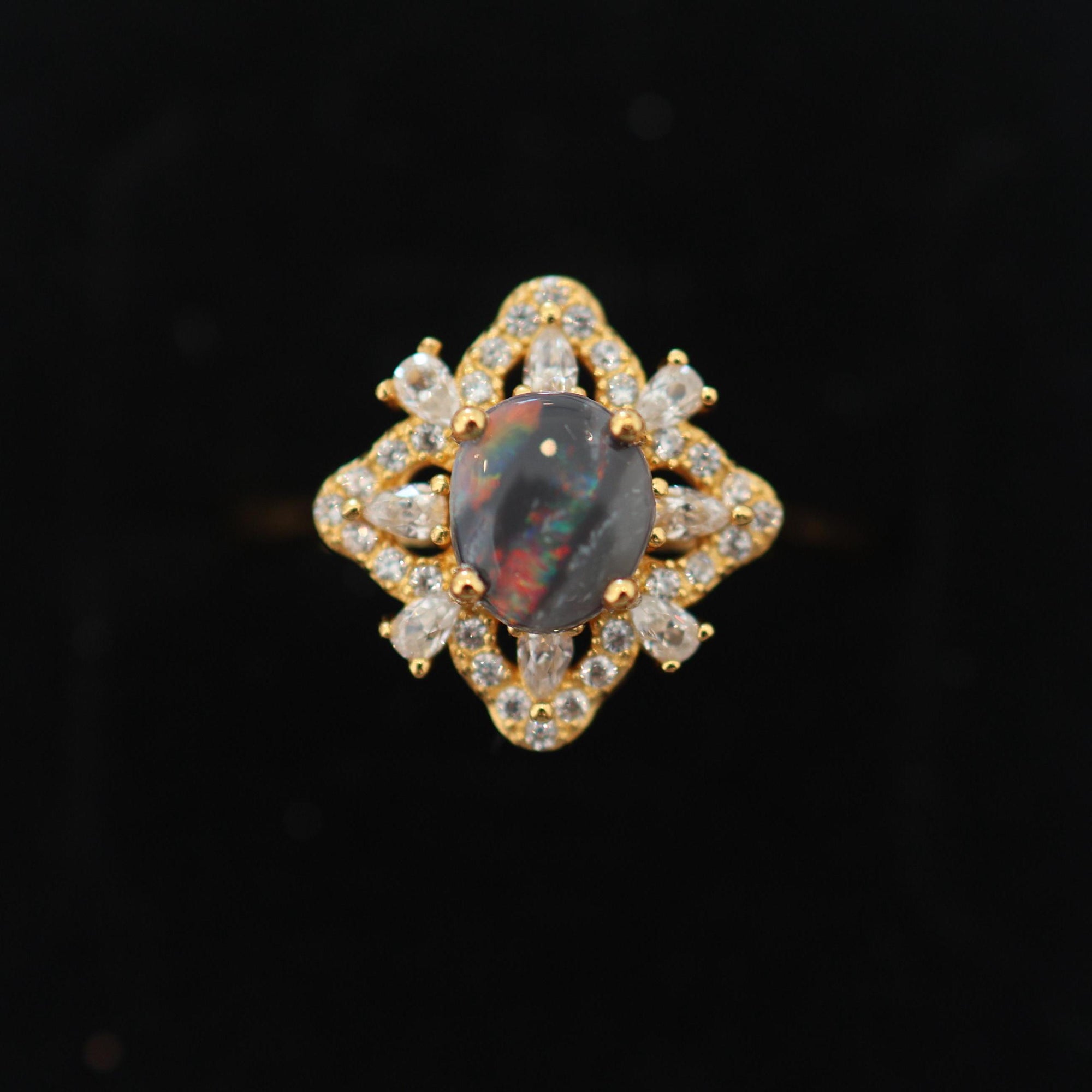 Rainbow River Australian Black Opal Ring 925 Sterling Silver With Cubic Zirconias