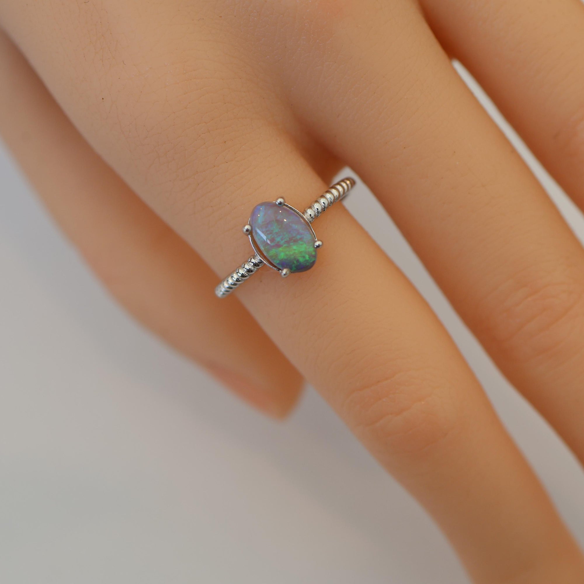 Minimalist Australian Black Opal Ring In 925 Sterling Silver