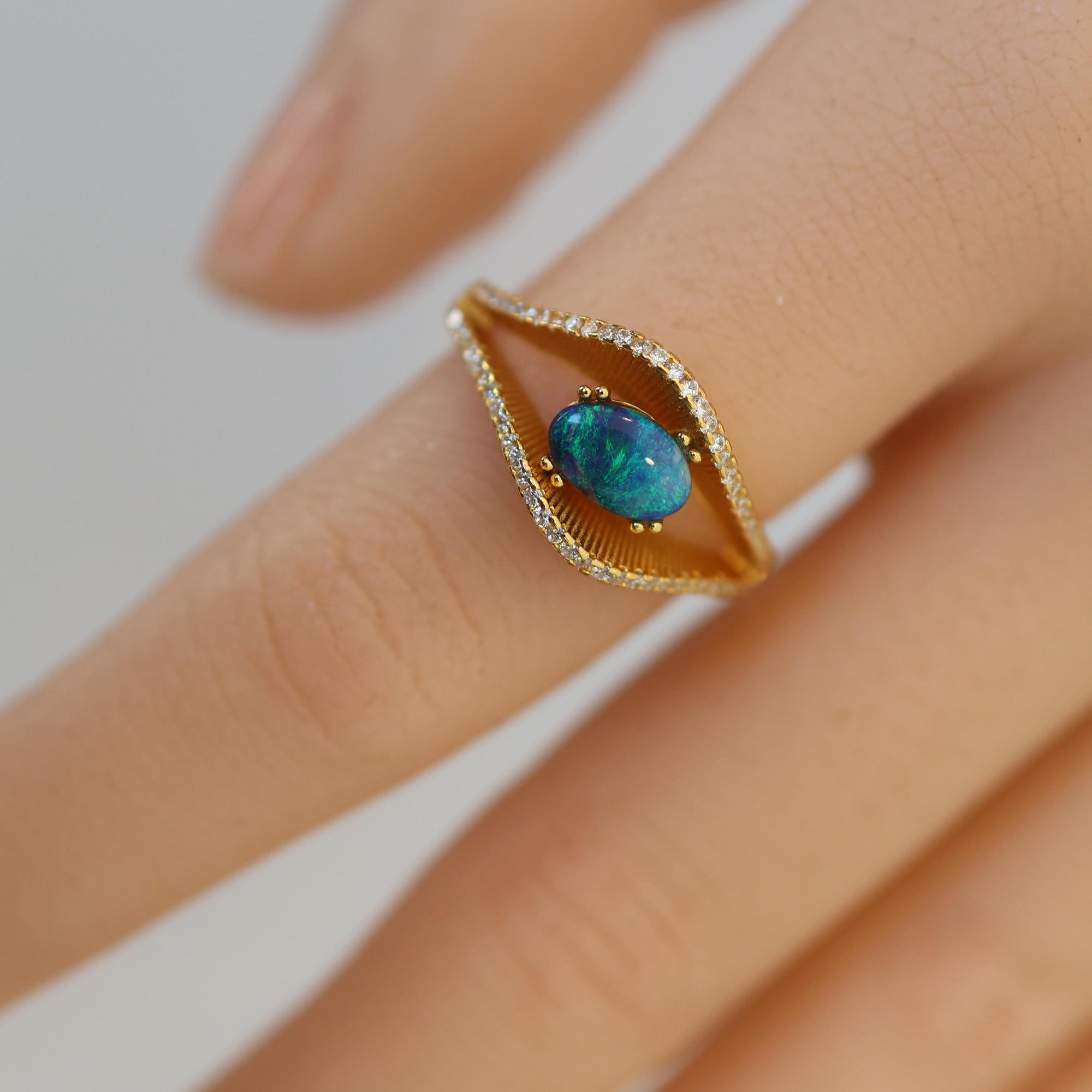 Blue Ocean Australian Black Opal Ring In 925 Sterling Silver With Cubic Zirconias