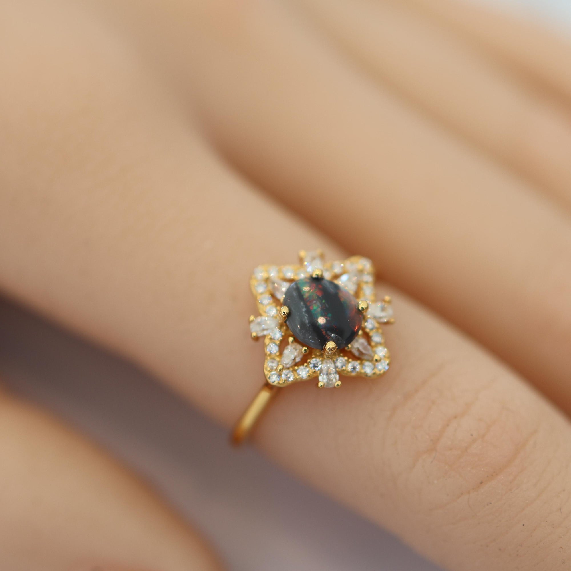 Rainbow River Australian Black Opal Ring 925 Sterling Silver With Cubic Zirconias