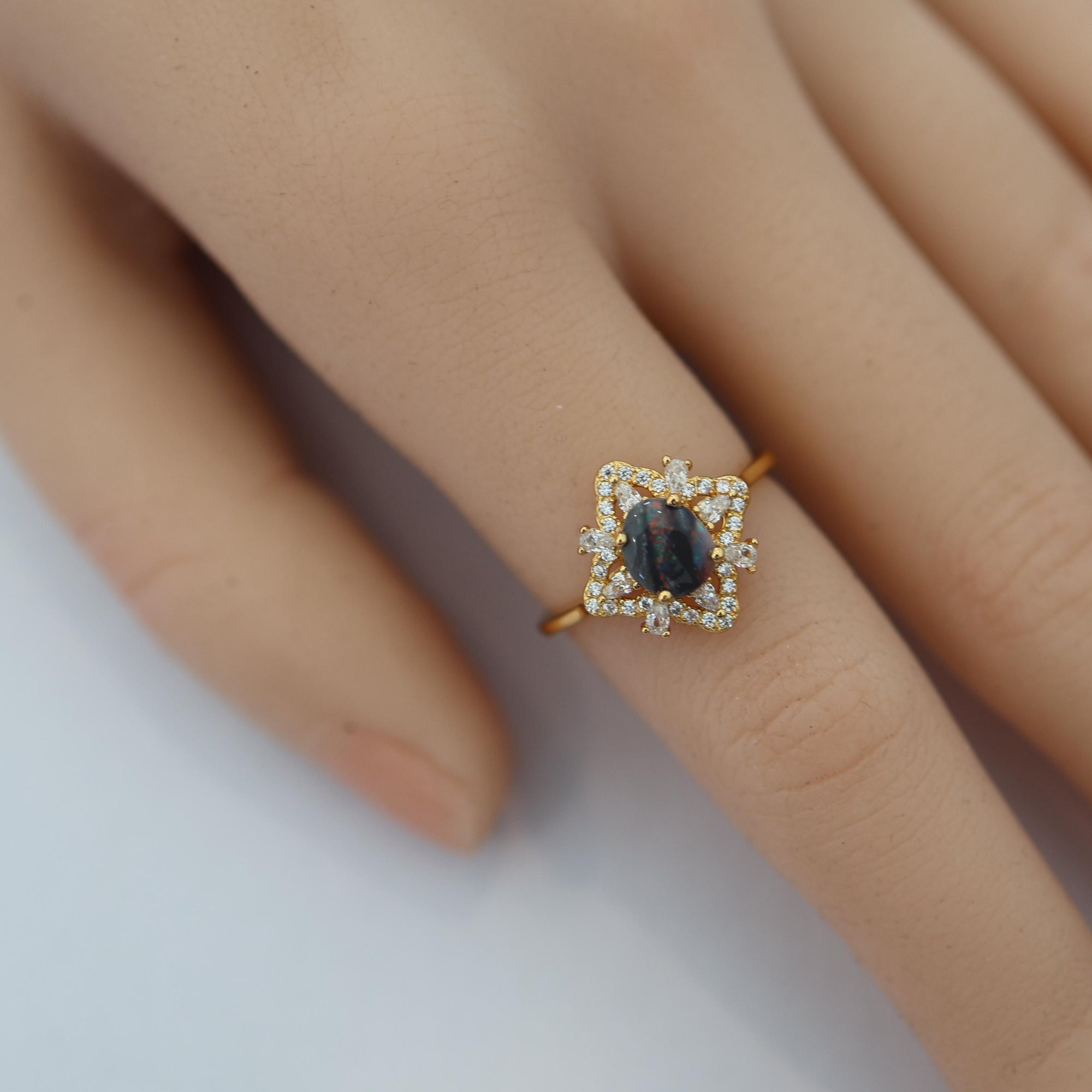 Rainbow River Australian Black Opal Ring 925 Sterling Silver With Cubic Zirconias