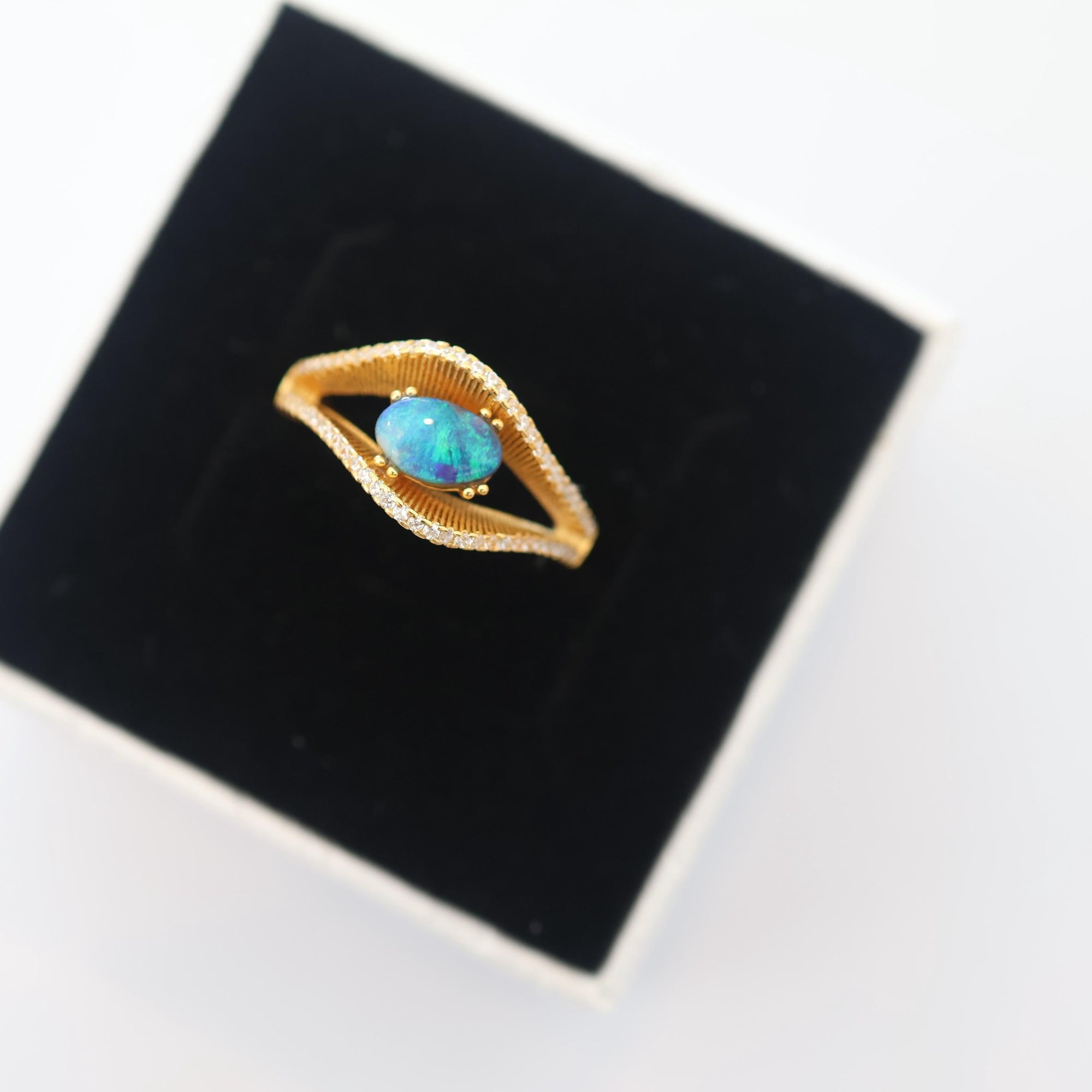 Blue Ocean Australian Black Opal Ring In 925 Sterling Silver With Cubic Zirconias