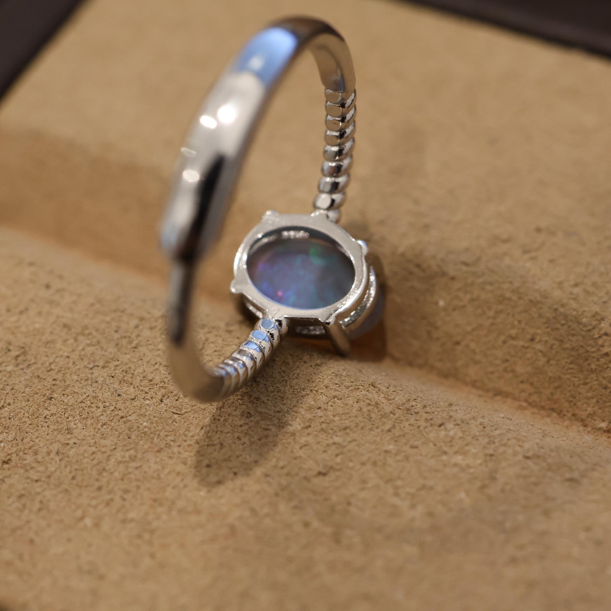 Minimalist Australian Black Opal Ring In 925 Sterling Silver