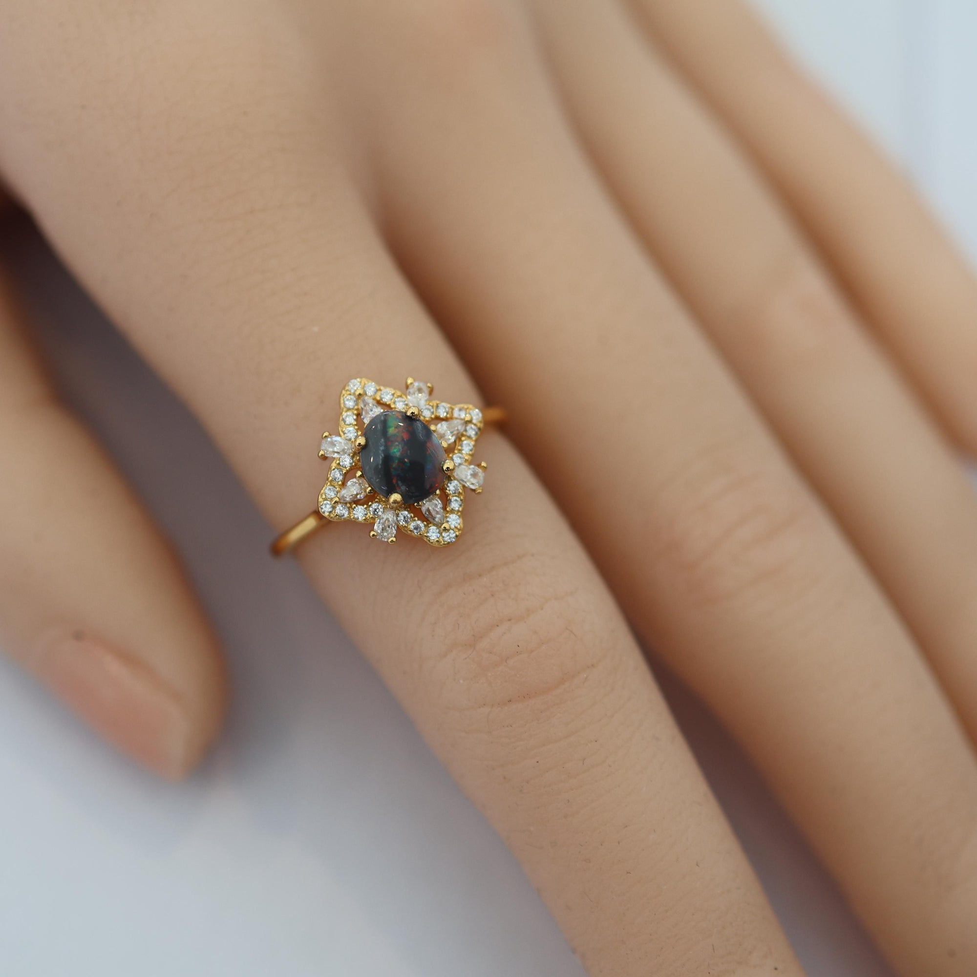 Rainbow River Australian Black Opal Ring 925 Sterling Silver With Cubic Zirconias