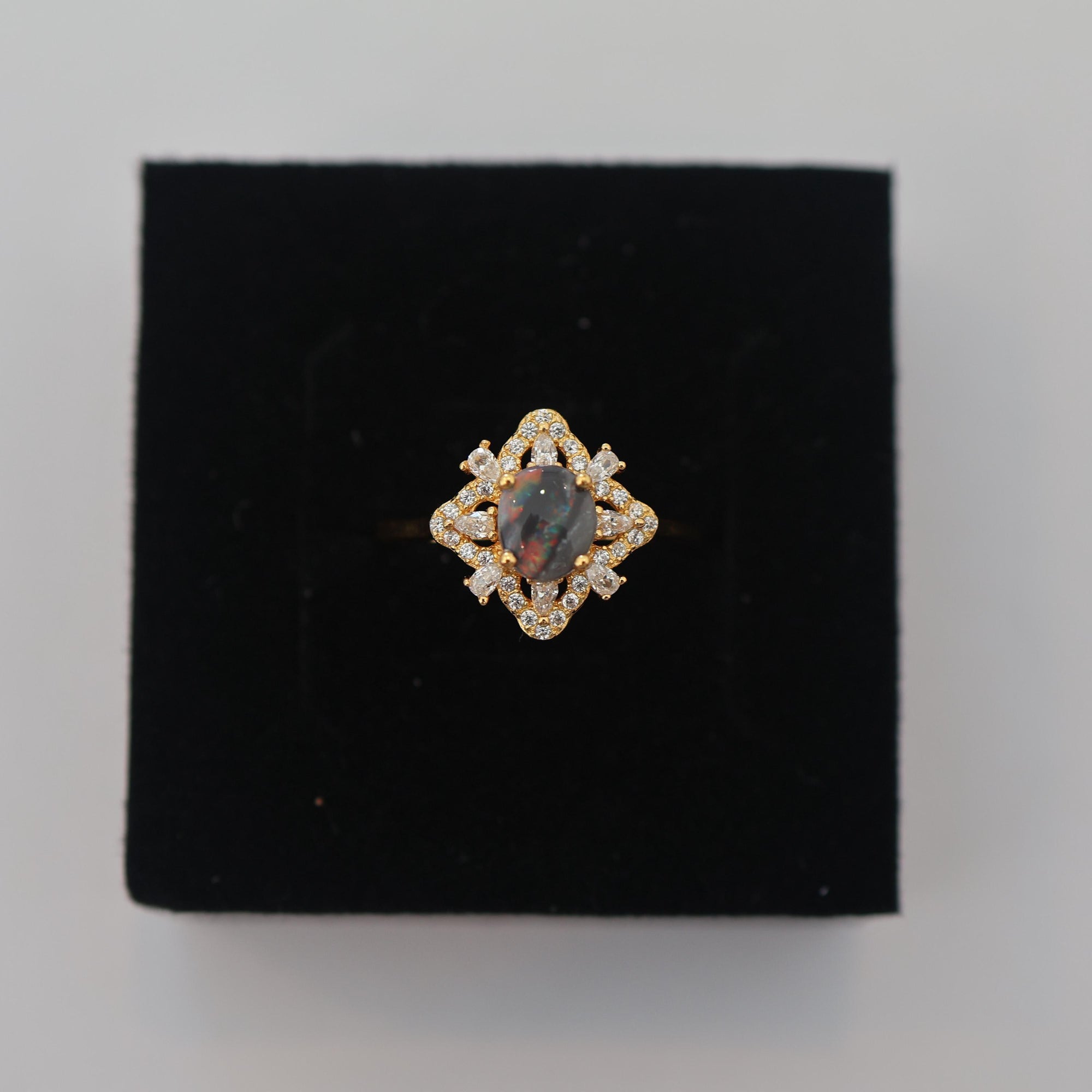 Rainbow River Australian Black Opal Ring 925 Sterling Silver With Cubic Zirconias