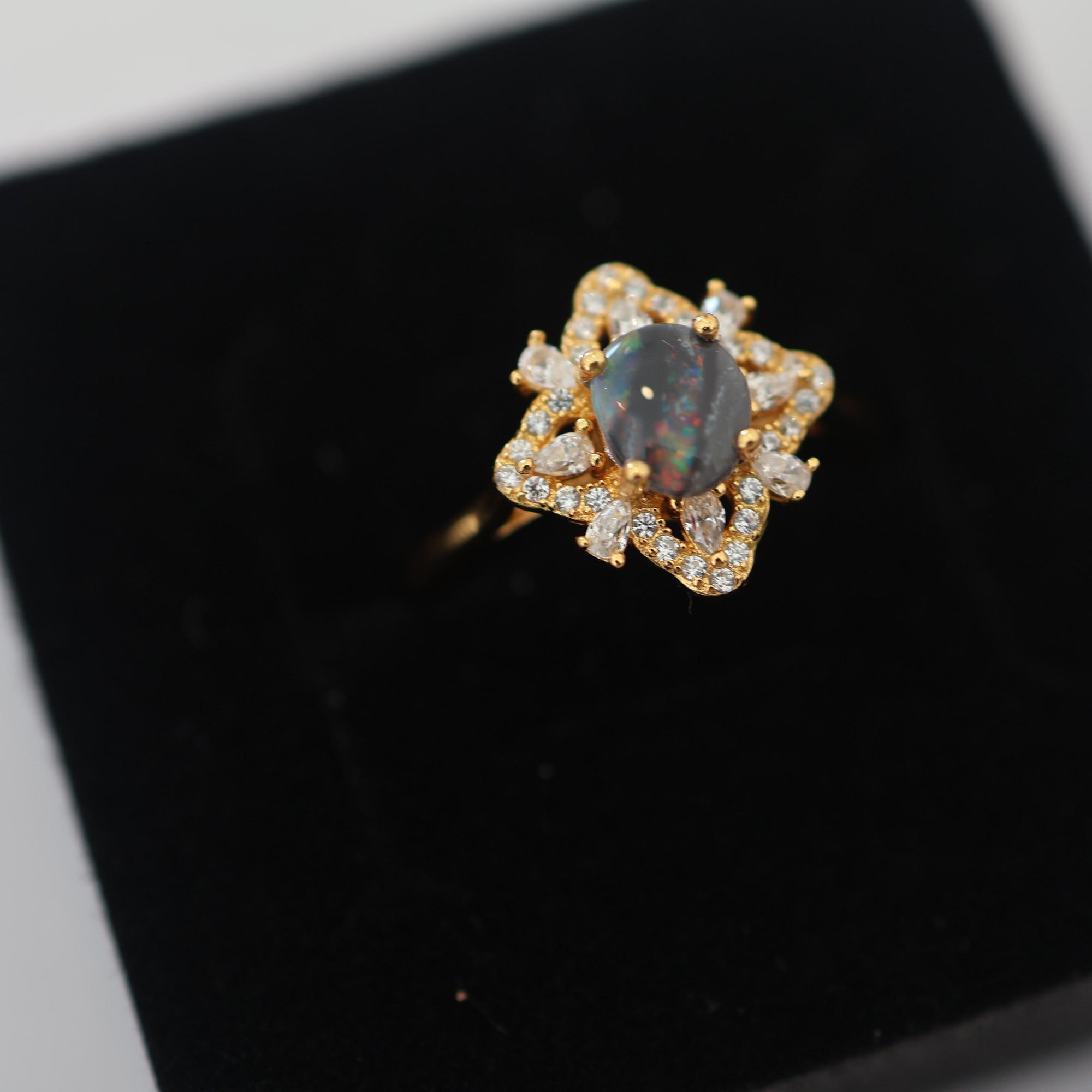 Rainbow River Australian Black Opal Ring 925 Sterling Silver With Cubic Zirconias