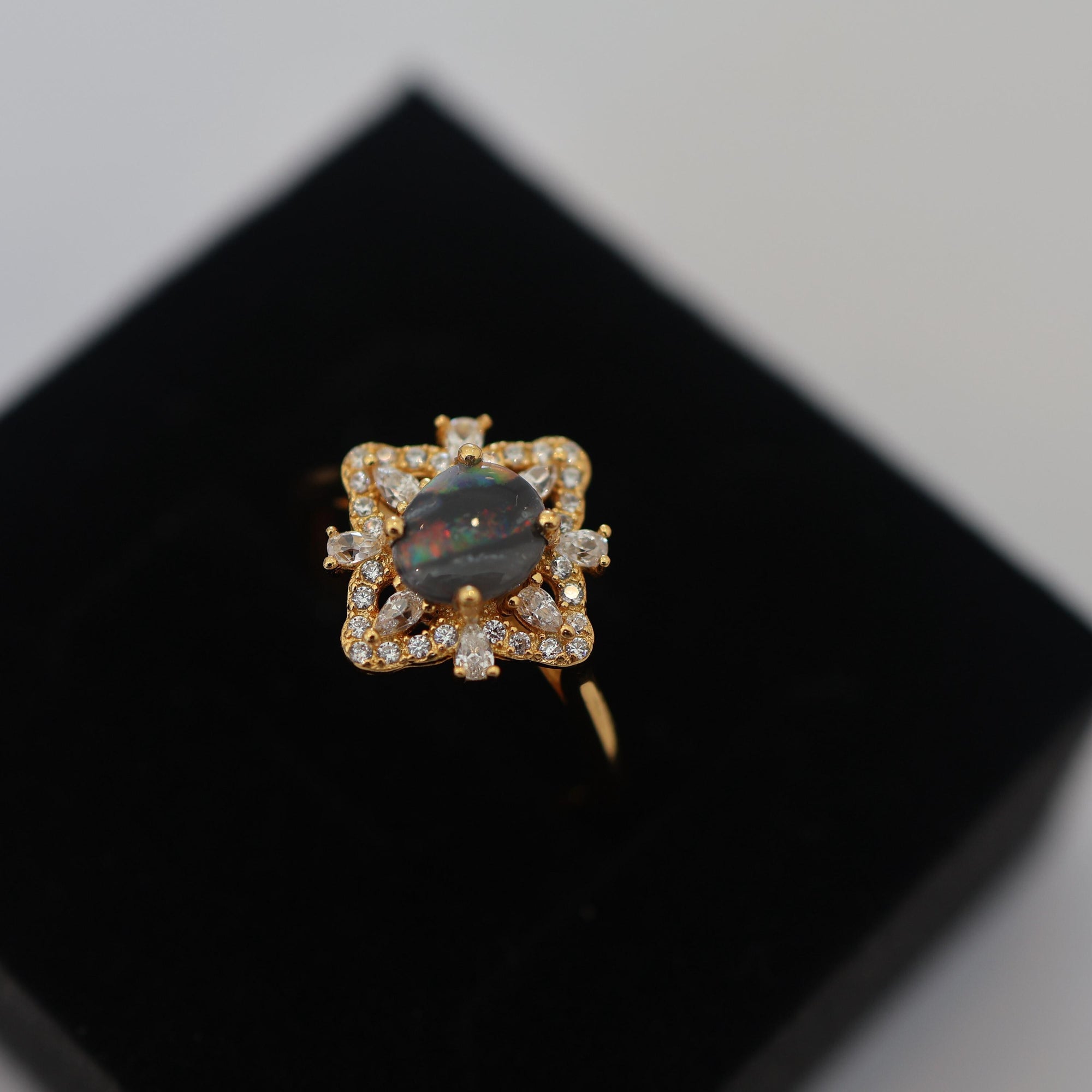 Rainbow River Australian Black Opal Ring 925 Sterling Silver With Cubic Zirconias