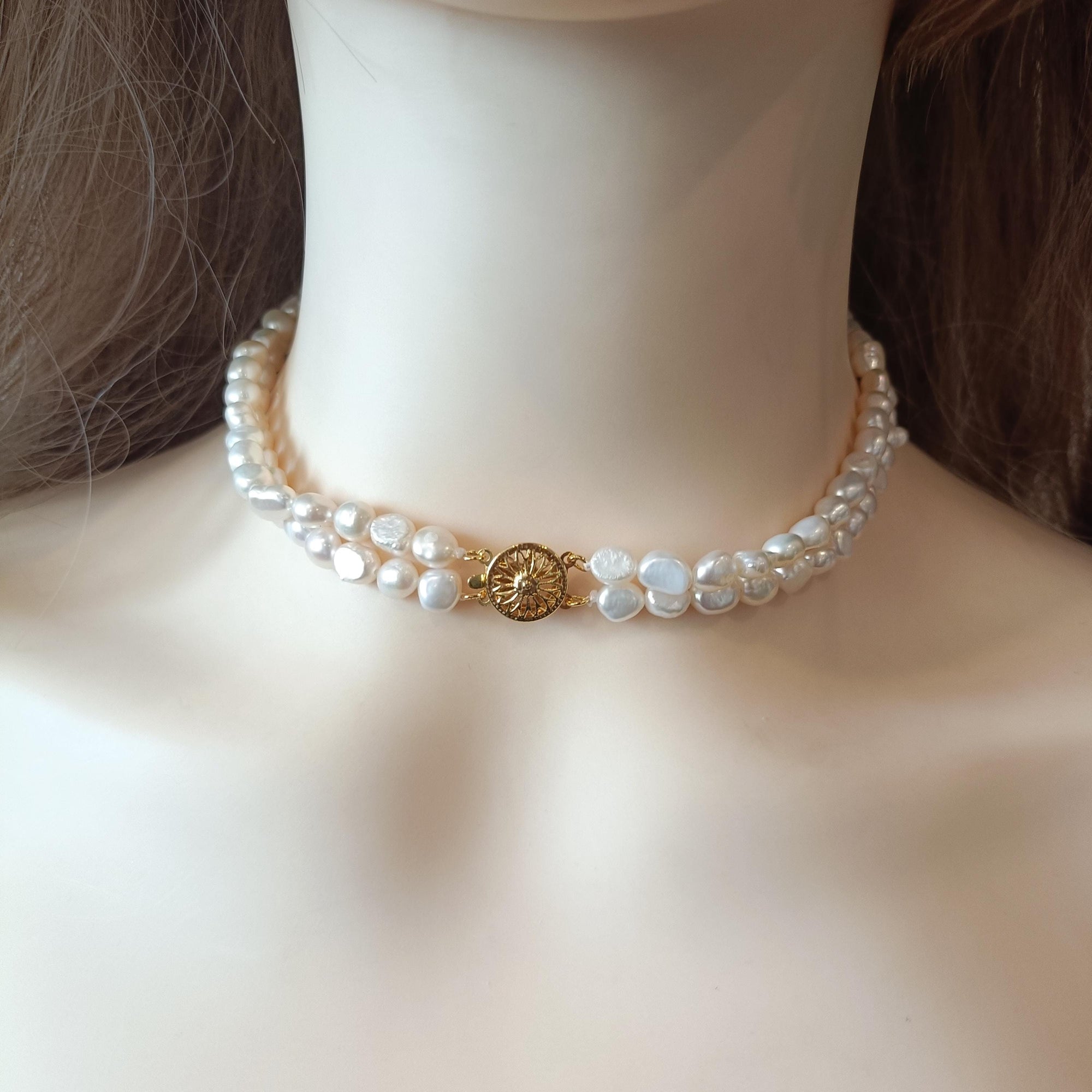Elegant Two Layer Freshwater Pearl Choker Necklace