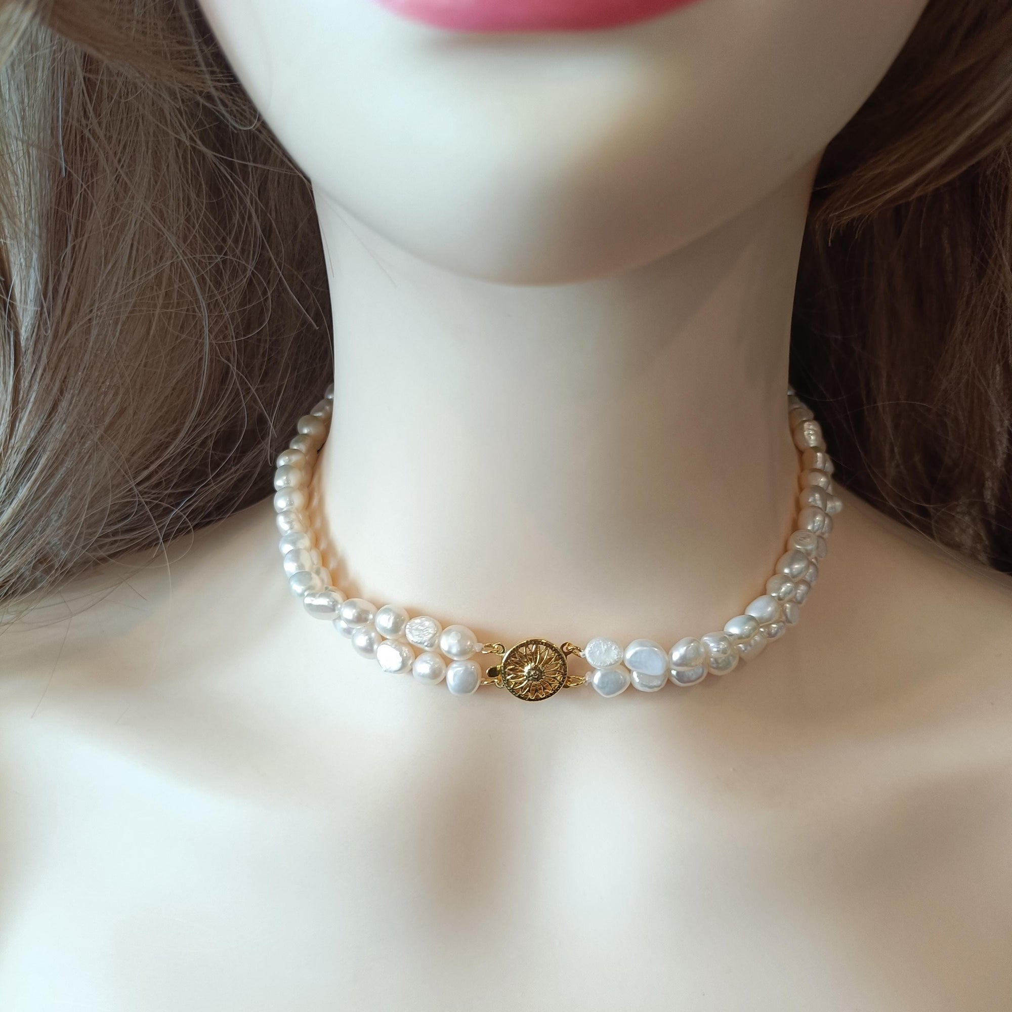 Elegant Two Layer Freshwater Pearl Choker Necklace