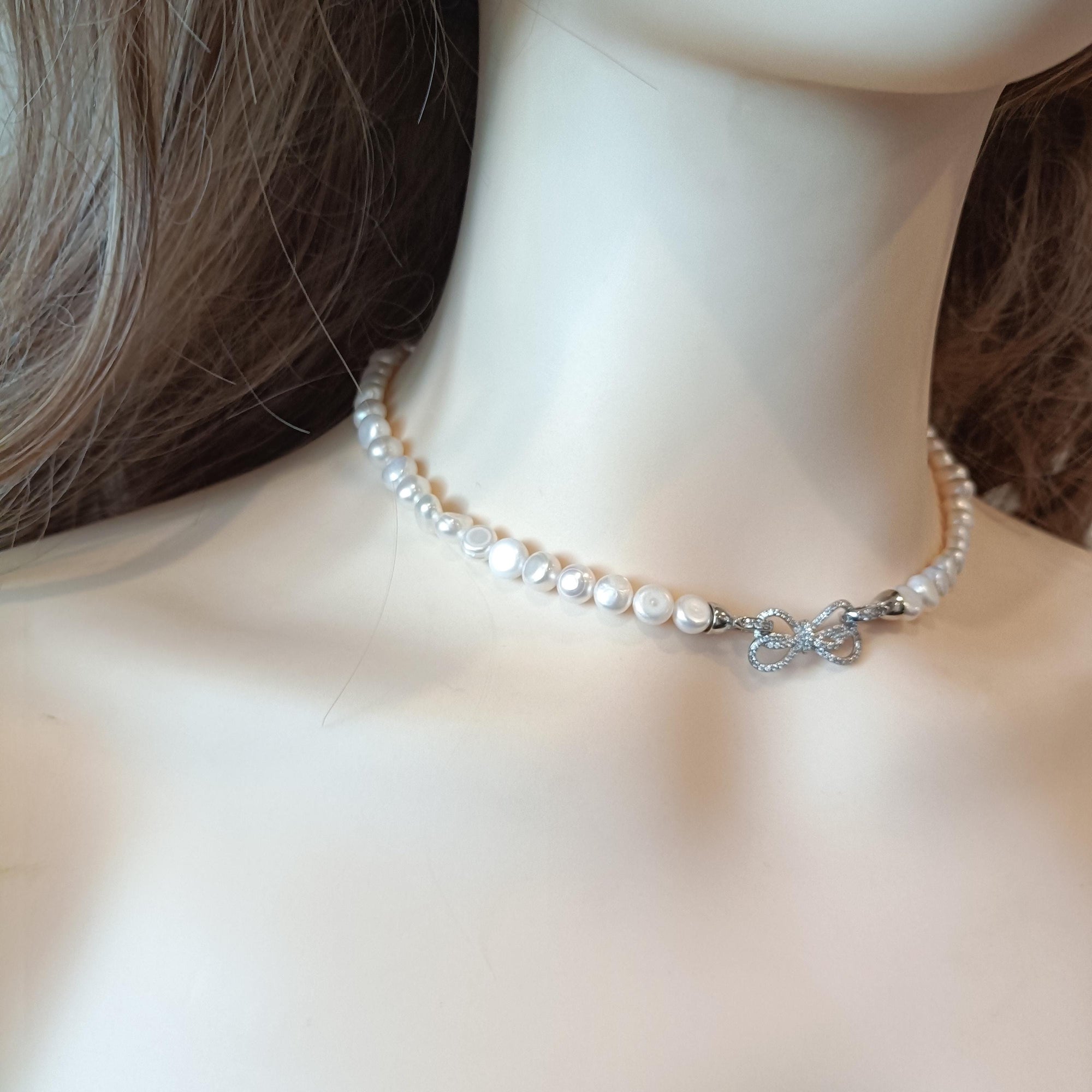 Bowtie Genuine Freshwater Pearl Necklace, Dainty Bridal Jewelry