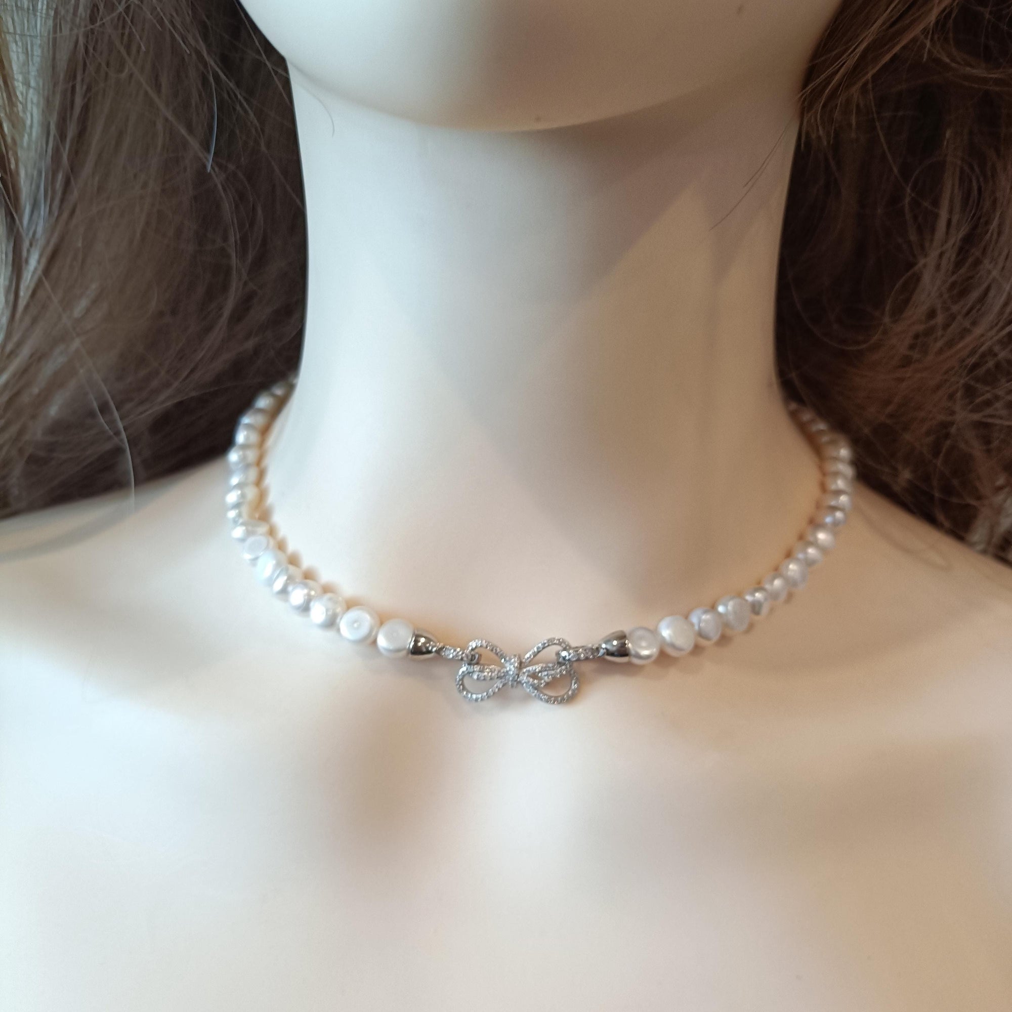 Bowtie Genuine Freshwater Pearl Necklace, Dainty Bridal Jewelry
