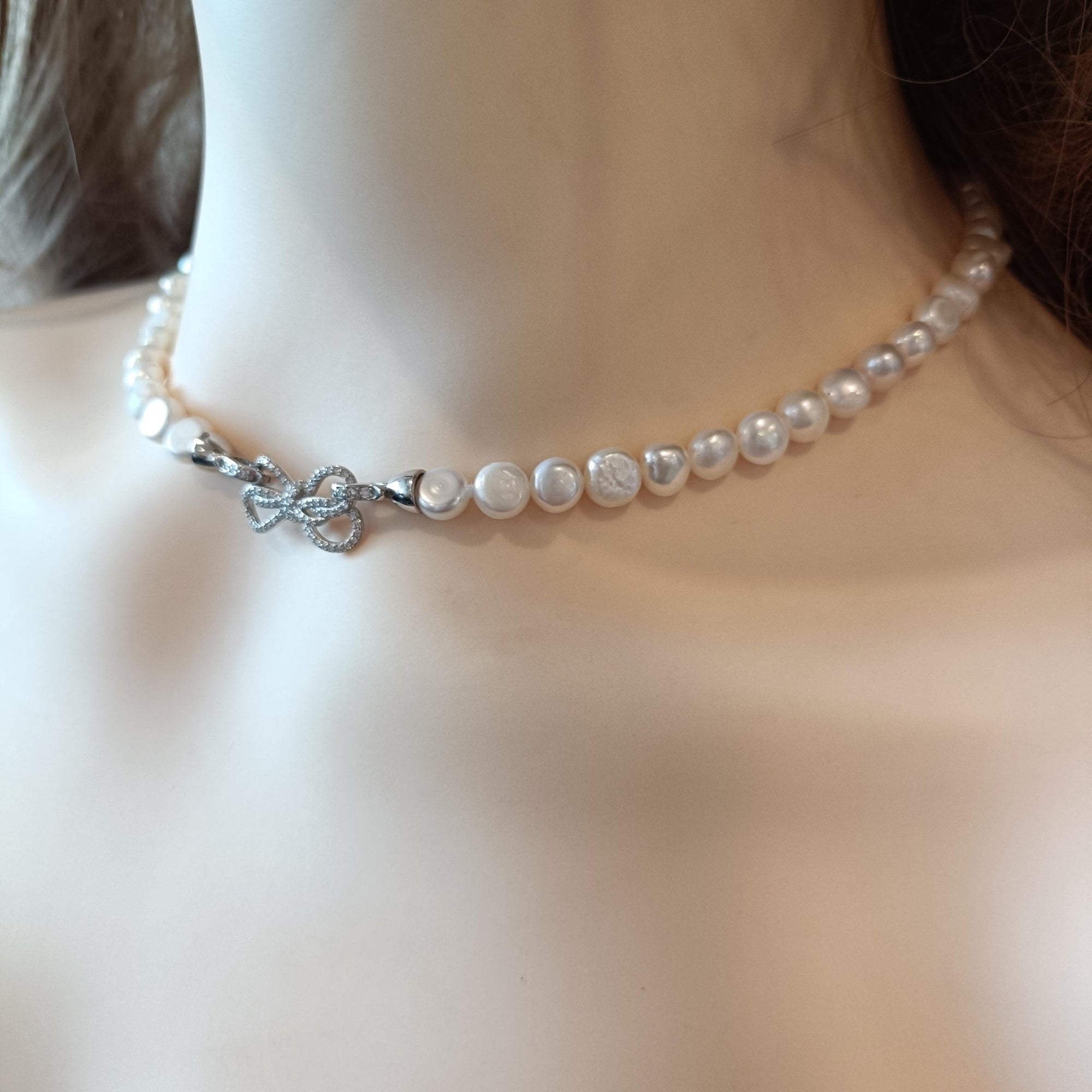 Bowtie Genuine Freshwater Pearl Necklace, Dainty Bridal Jewelry