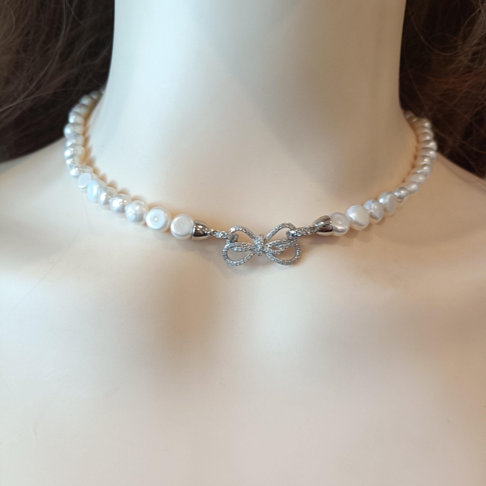 Bowtie Genuine Freshwater Pearl Necklace, Dainty Bridal Jewelry