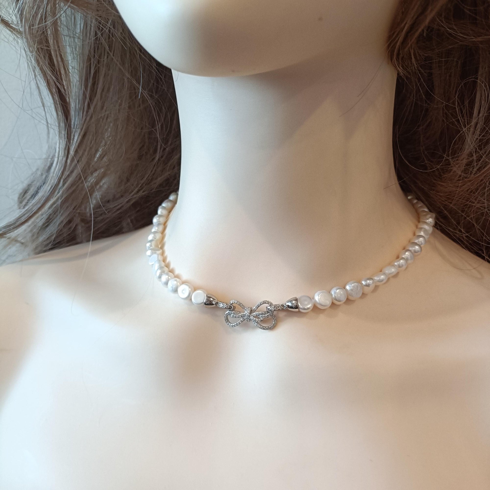 Bowtie Genuine Freshwater Pearl Necklace, Dainty Bridal Jewelry