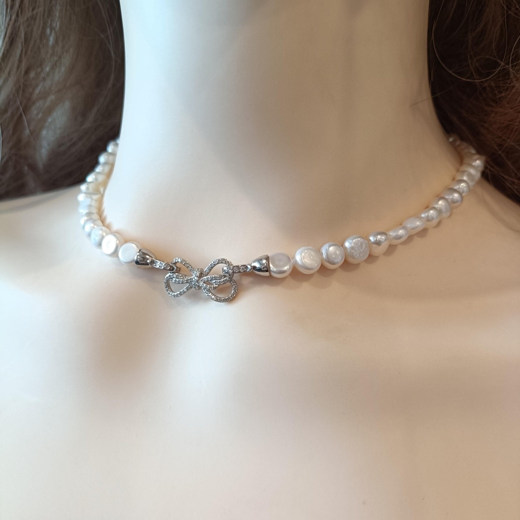 Bowtie Genuine Freshwater Pearl Necklace, Dainty Bridal Jewelry