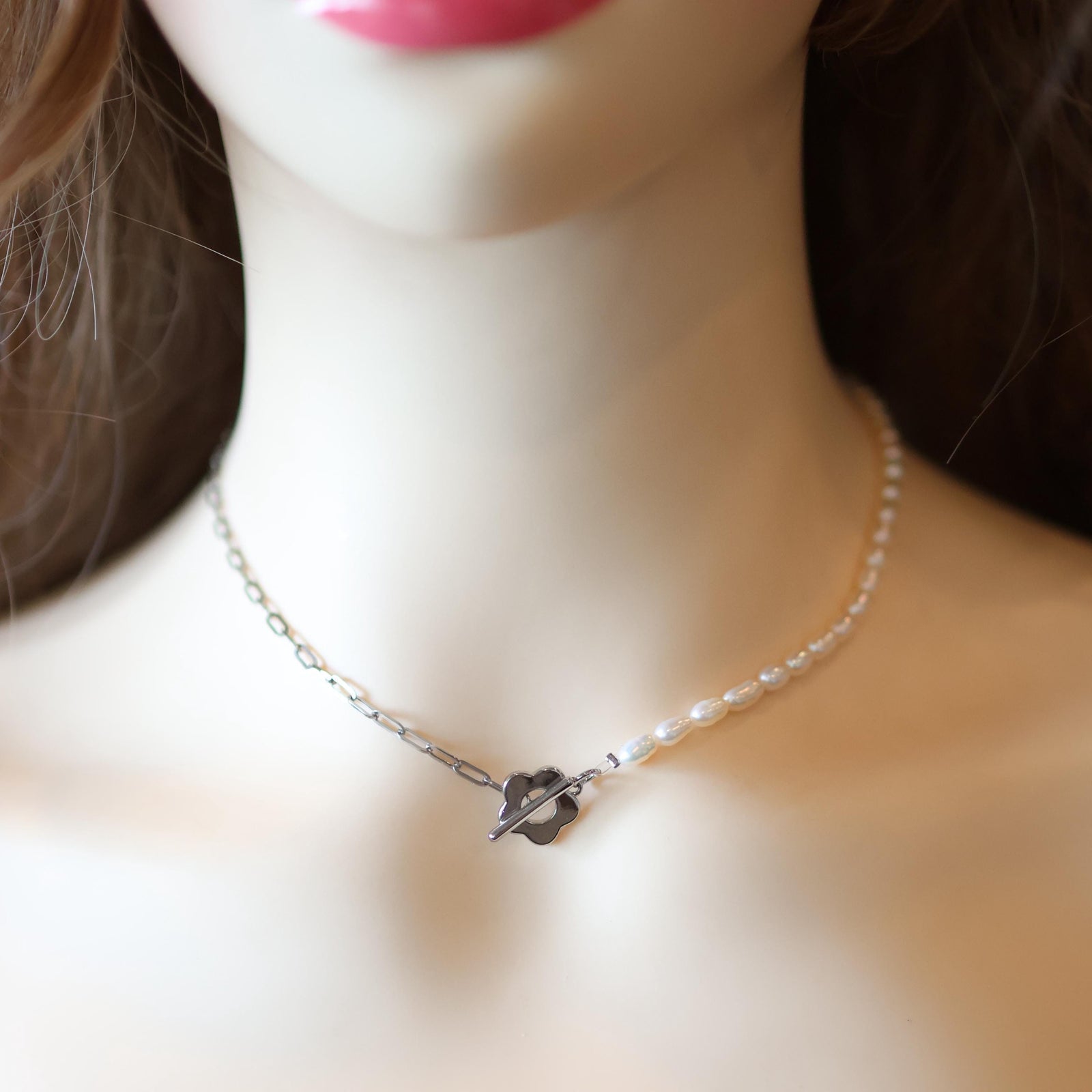 Half Pearl Freshwater Necklace with Bow Clasp – Bridal Jewelry