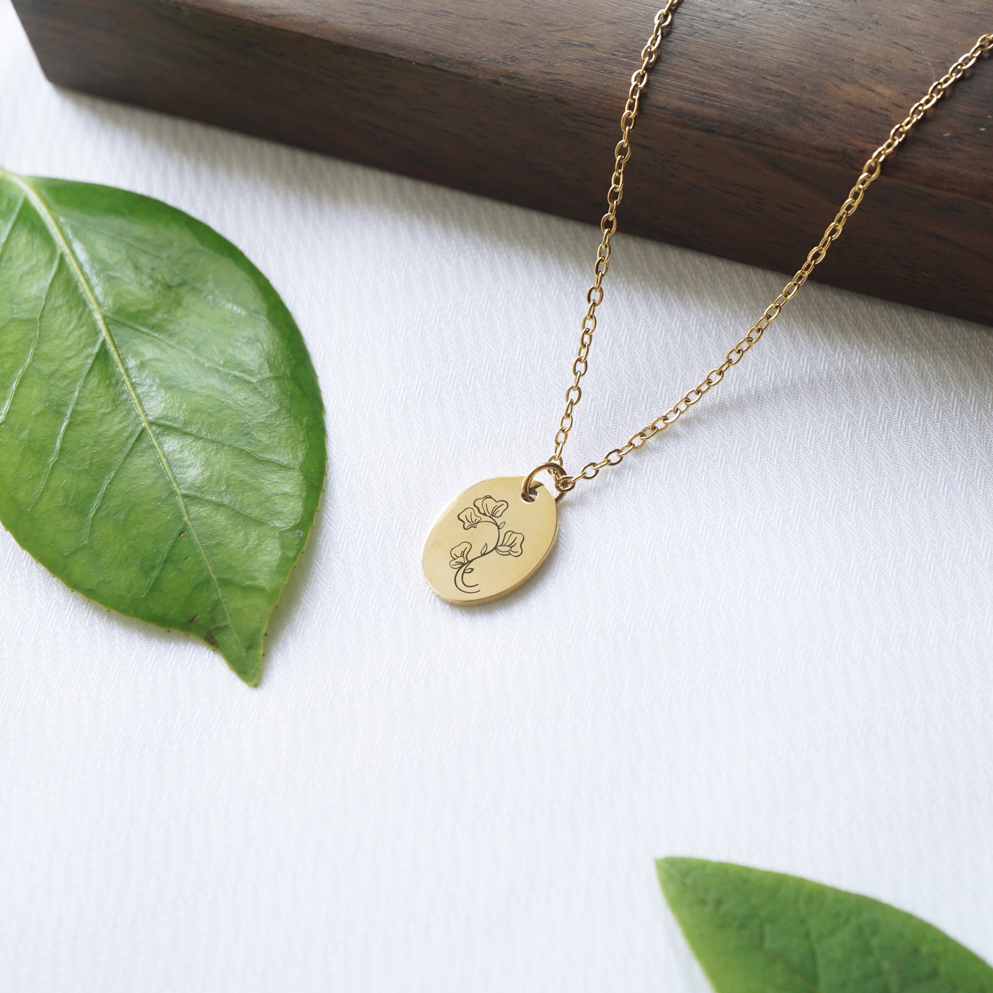 Customized oval tag necklace, engraved birth flower necklace