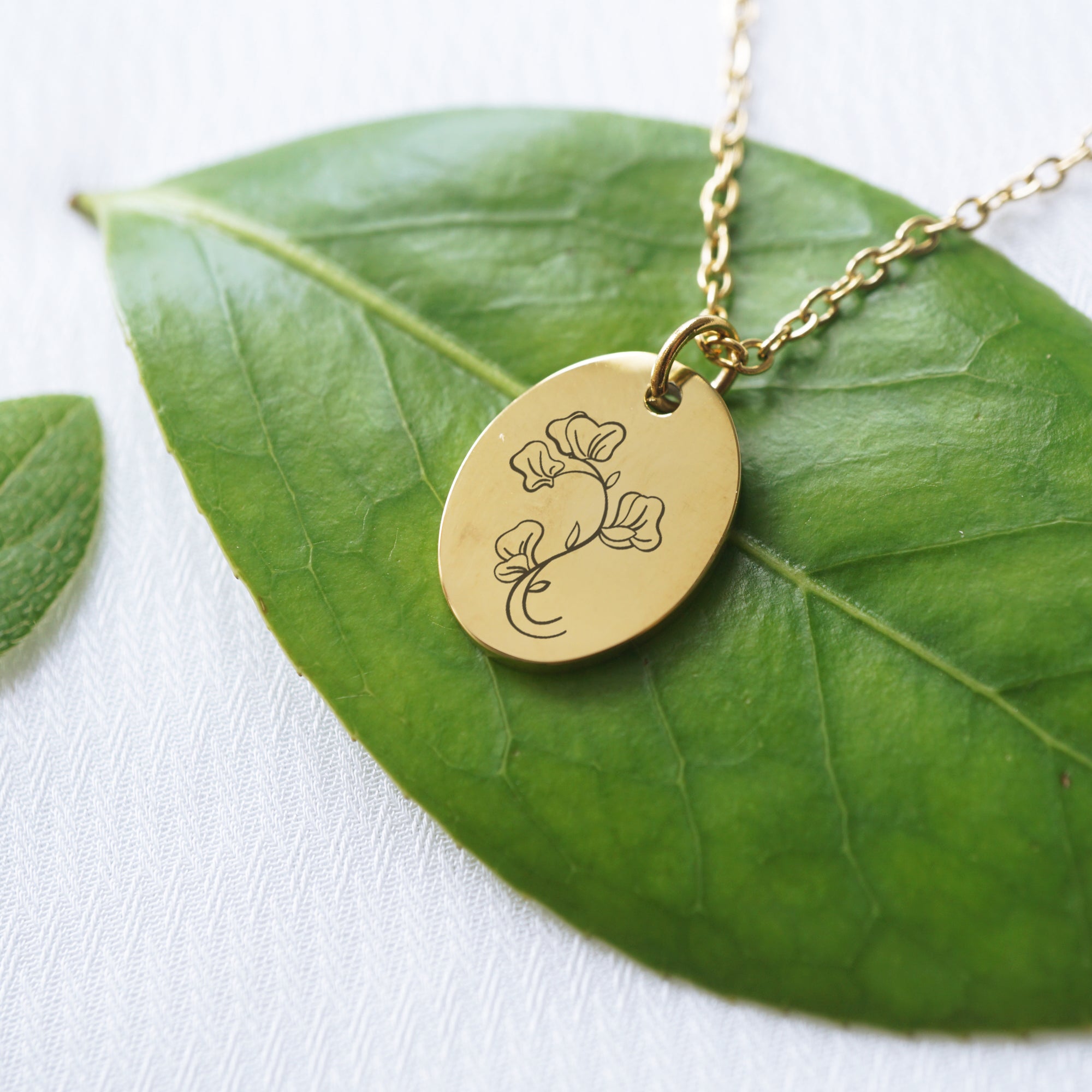 Customized oval tag necklace, engraved birth flower necklace
