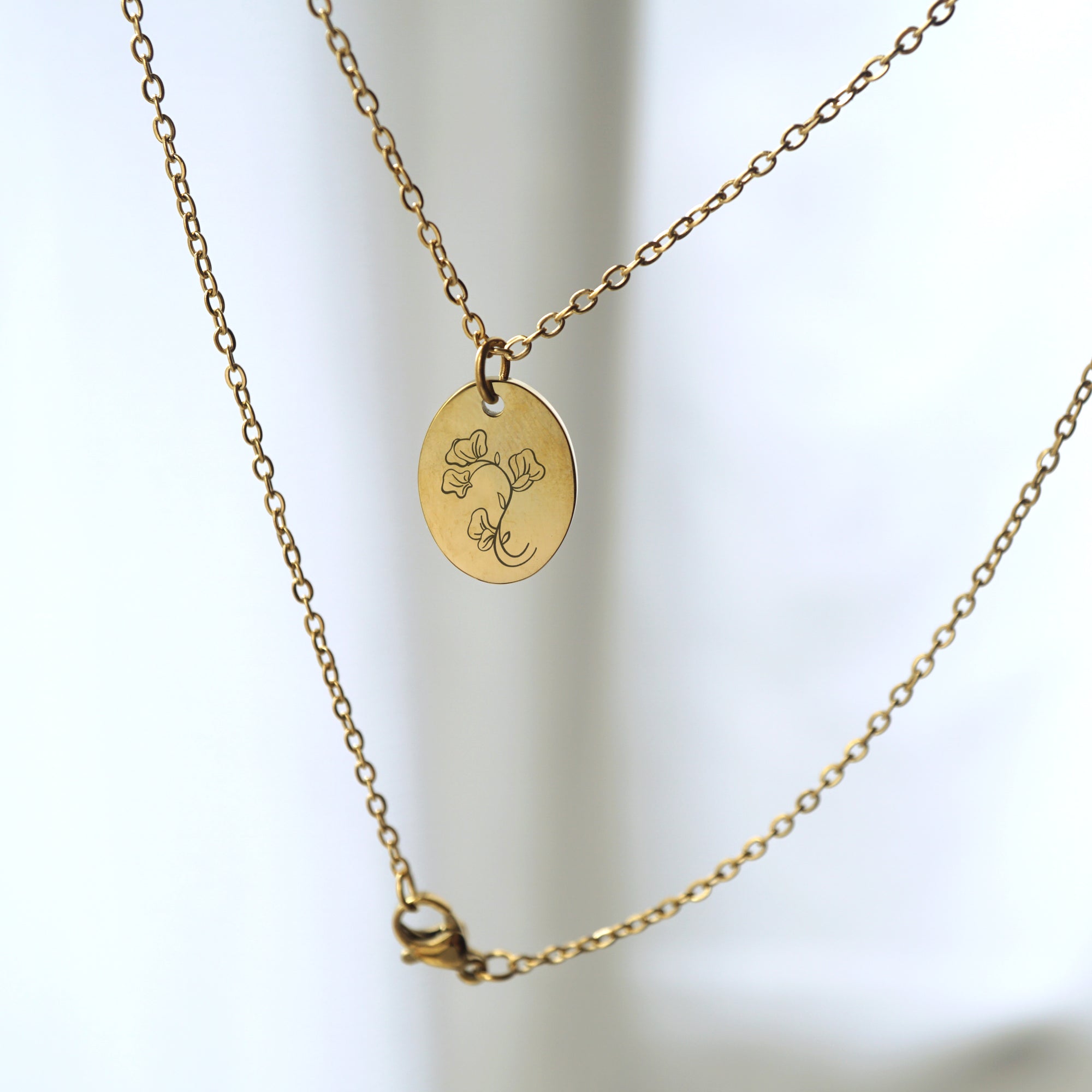 Customized oval tag necklace, engraved birth flower necklace