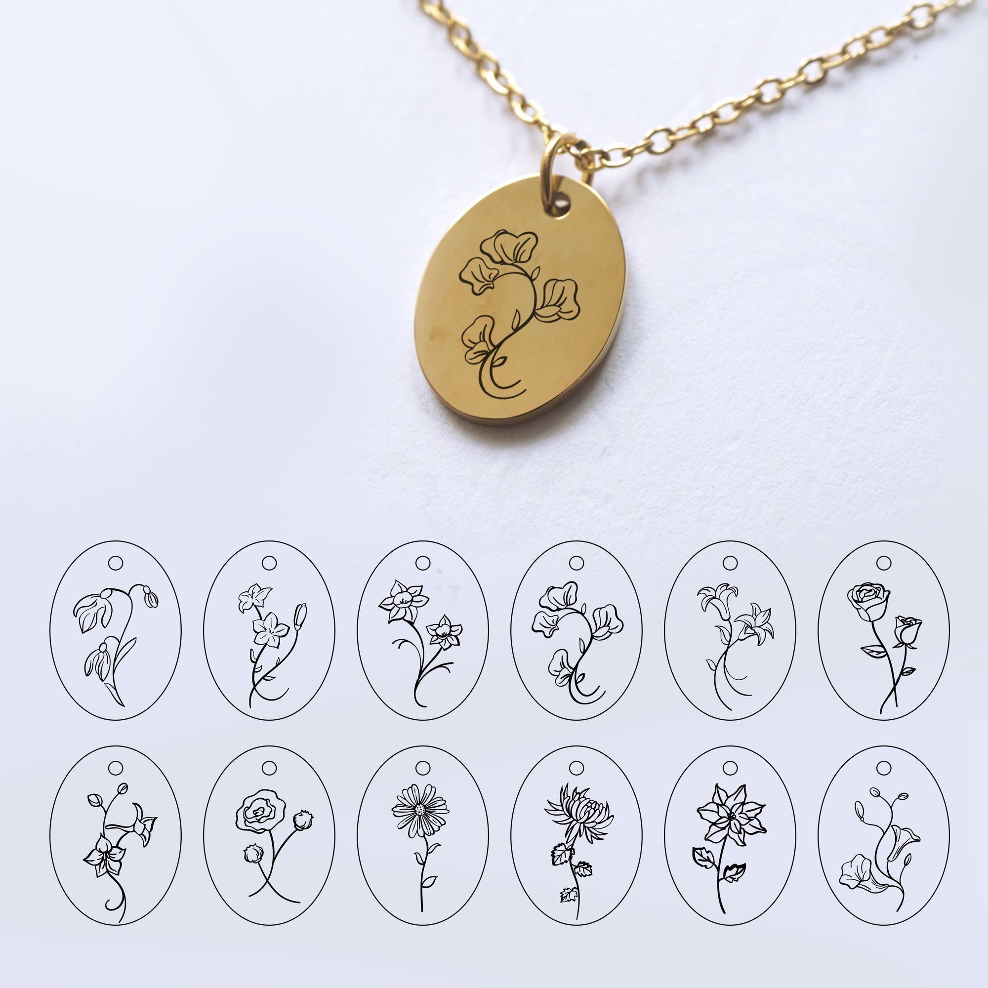 Customized oval tag necklace, engraved birth flower necklace