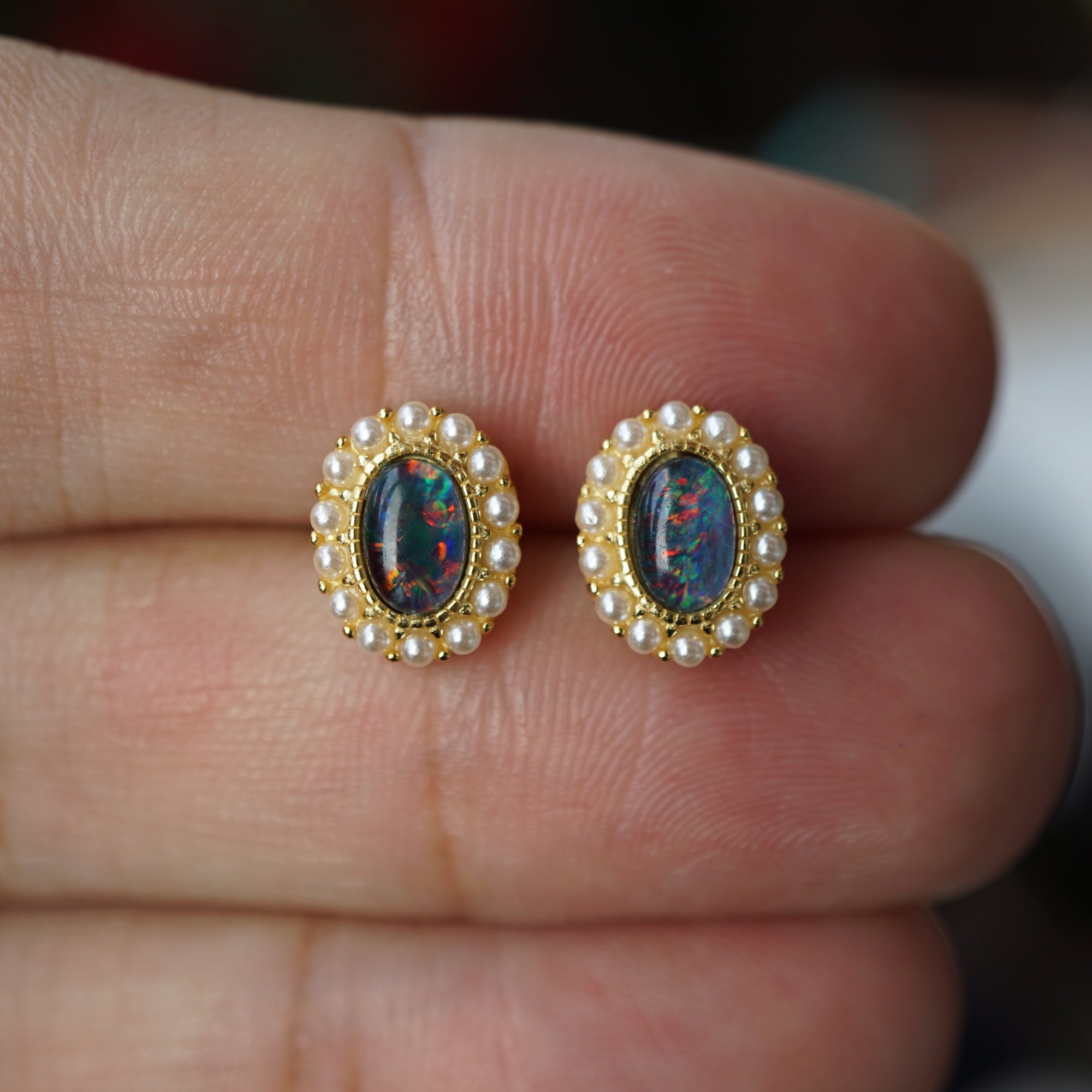 Rainbow Vintage Gold Triplet Opal Stud Earrings - Timeless Elegance